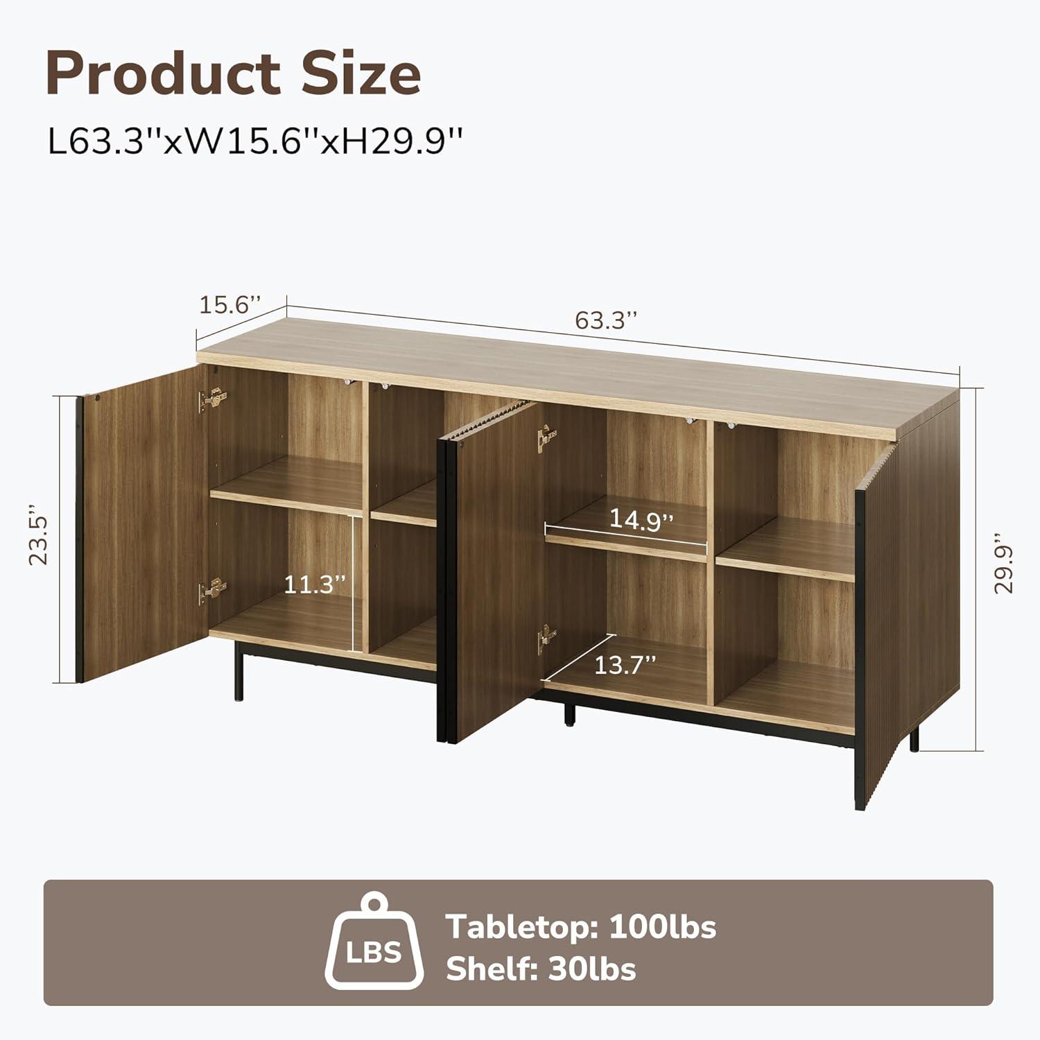 BELLEZE Sideboard Buffet Cabinet, 63" Storage Cabinet with 4 Doors and Adjustable Shelves, Sideboard Cabinet for Dinning Room, Kitchen & Living Room - Colemen (Camel)