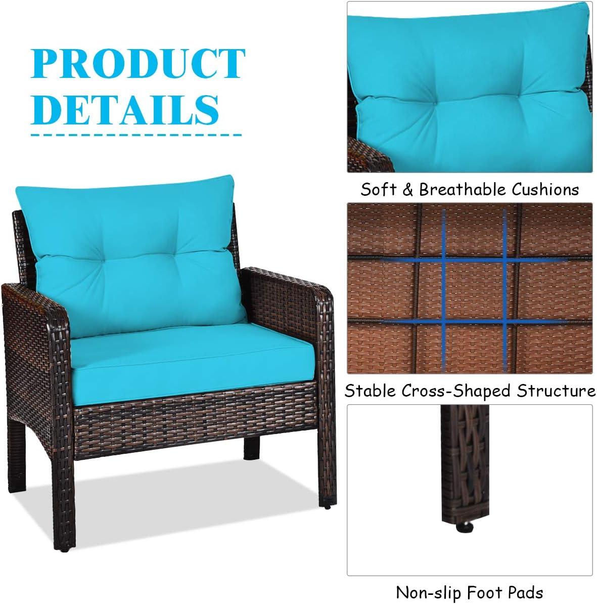 YYAo Garden Conversation Table Set, Conversation Loveseat Chairs Set, 3 Pcs Outdoor Patio Rattan Conversation Set with Seat Cushions-Turquoise