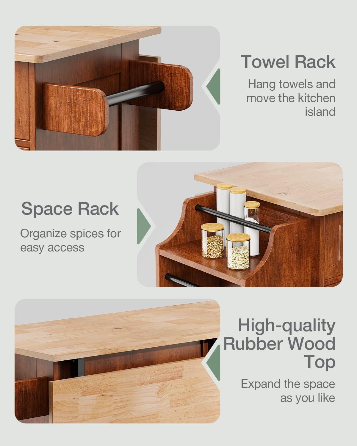 Kitchen Island Cart with Storage, Rolling Kitchen Island with Rubber Wood, Kitchen Island on Wheels with 5 Drawers, Storage Cabinet, 3 Open Shelves, Spice Rack, Towel Rack (Black)