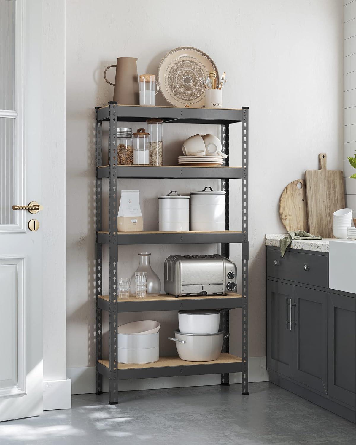 SONGMICS 5-Tier Storage Shelves Metal Garage Storage Boltless Assembly Adjustable Shelving Unit 11.8 x 29.5 x 59.1 Inches Load 1929 lb for Shed Warehouse Basement Kitchen Gray