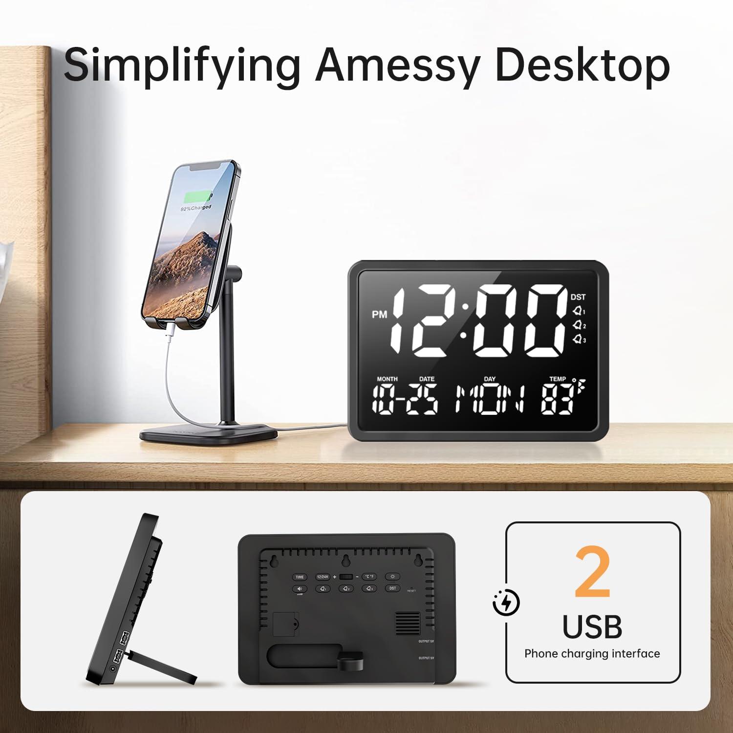 JALL 10.5" Digital Clock with Large Display, Calendar Day and Date, DST, Temperature, Dual Alarms, for Desk, Wall Mounted, Living Room, Bedroom, Gift for Elderly, Seniors, Dementia