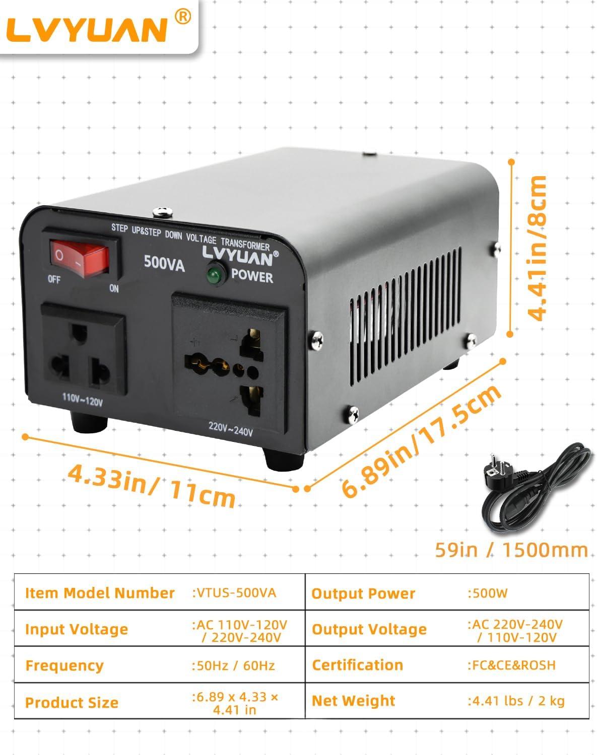 LVYUAN 500 Watt Voltage Transformer Converter Step Up/Down 110V 120V to 220V-240V / 220V-240V to 110V 120V