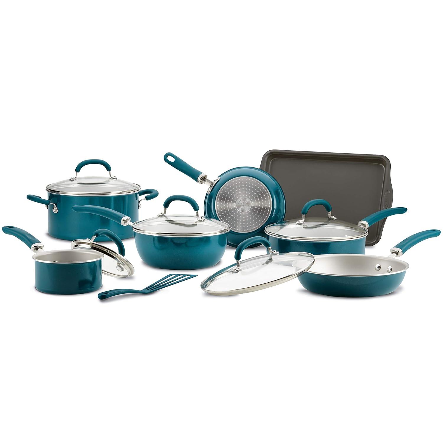 Rachael Ray Create Delicious Aluminum Nonstick Cookware Set, 13-Piece, Teal Shimmer