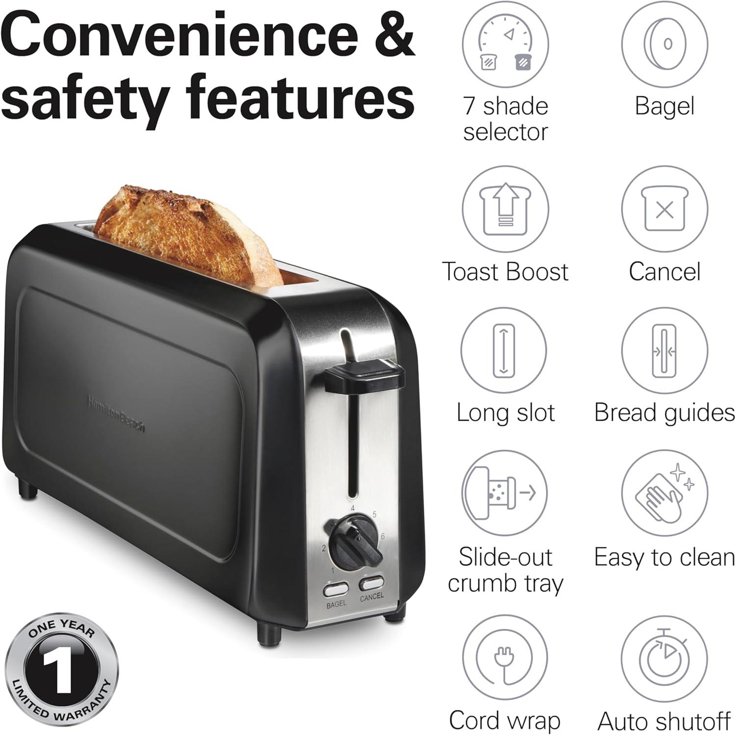 Hamilton Beach Long-Slot Toaster, 2 Slice Capacity, Slim Design, Black, 22989