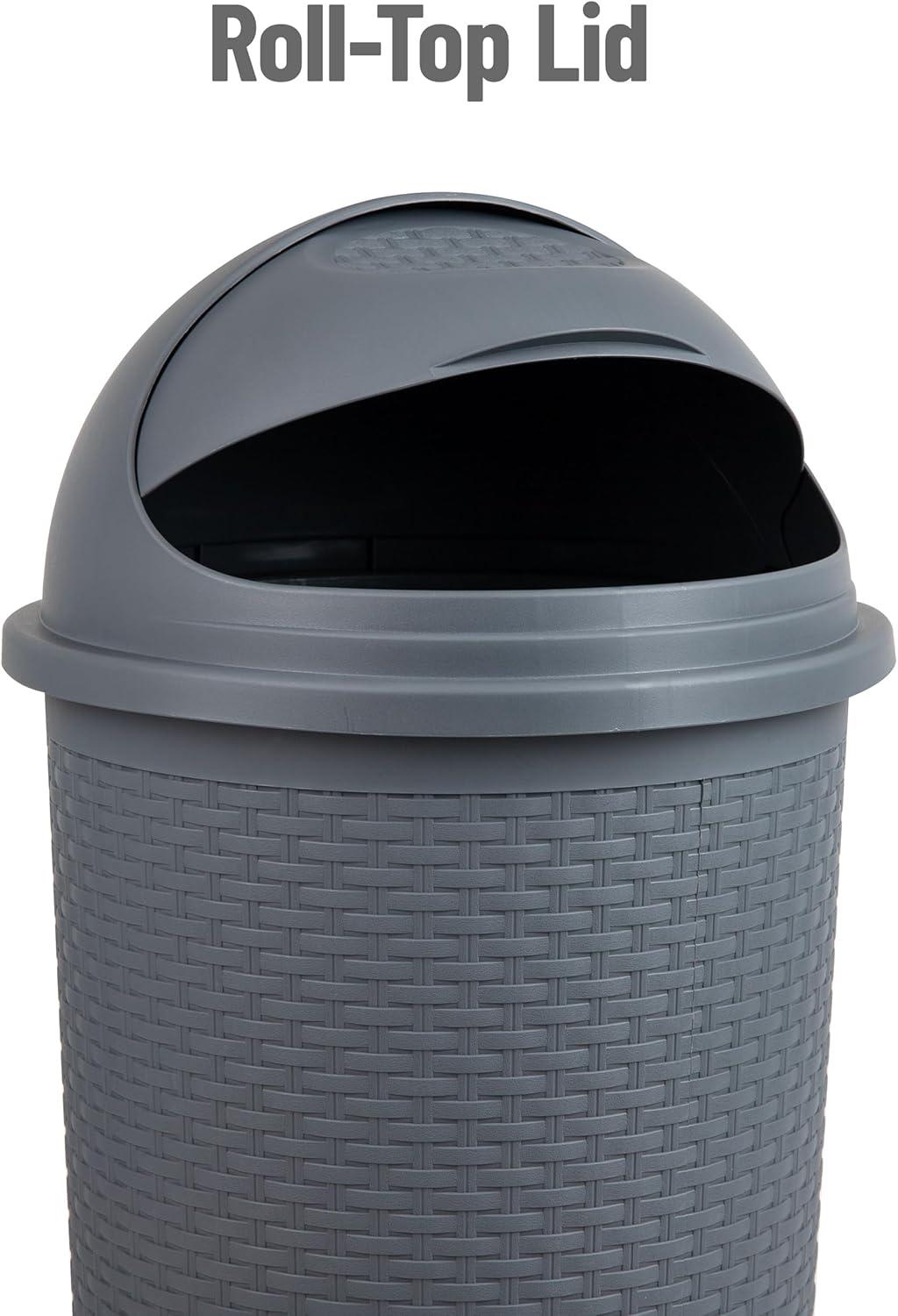 Mind Reader Roll-Top Kitchen Garbage Can with Lid, Wicker Design, Plastic, 16 x 31.5, Gray