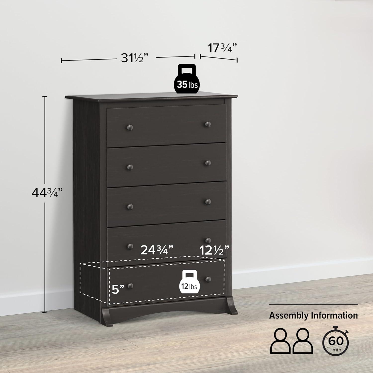 Prepac Monterey 5 Drawer Dresser Washed Black: Wood Composite Vertical Storage, 45.25" High