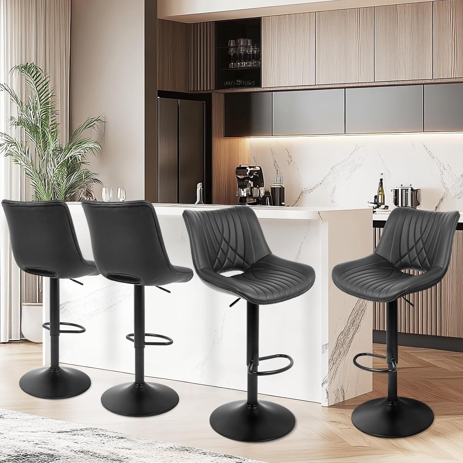 Black Faux Leather Adjustable Swivel Bar Stools Set of 2