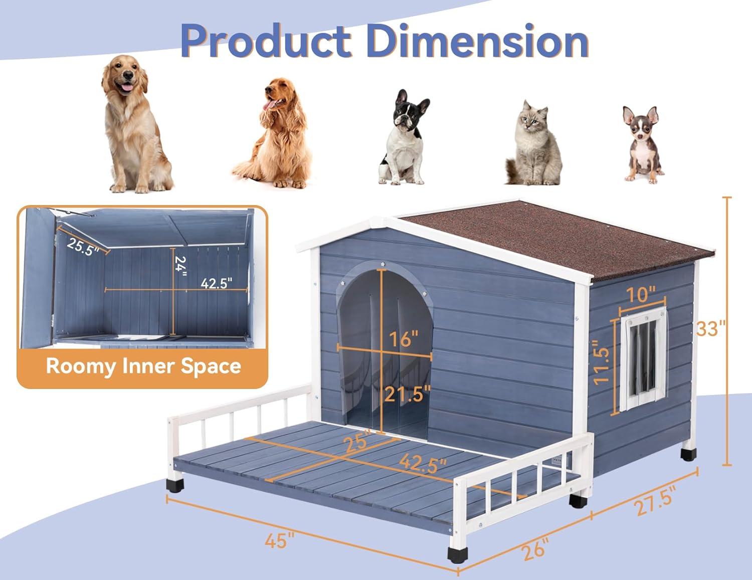 Petsfit Large Dog House with Terrace & Openable Asphalt Roof, 45" L x 54" W x33 H, XL Dog House Outdoor with Elevated Floor, Window & Door Flap, Outdoor Dog House for Large Dogs