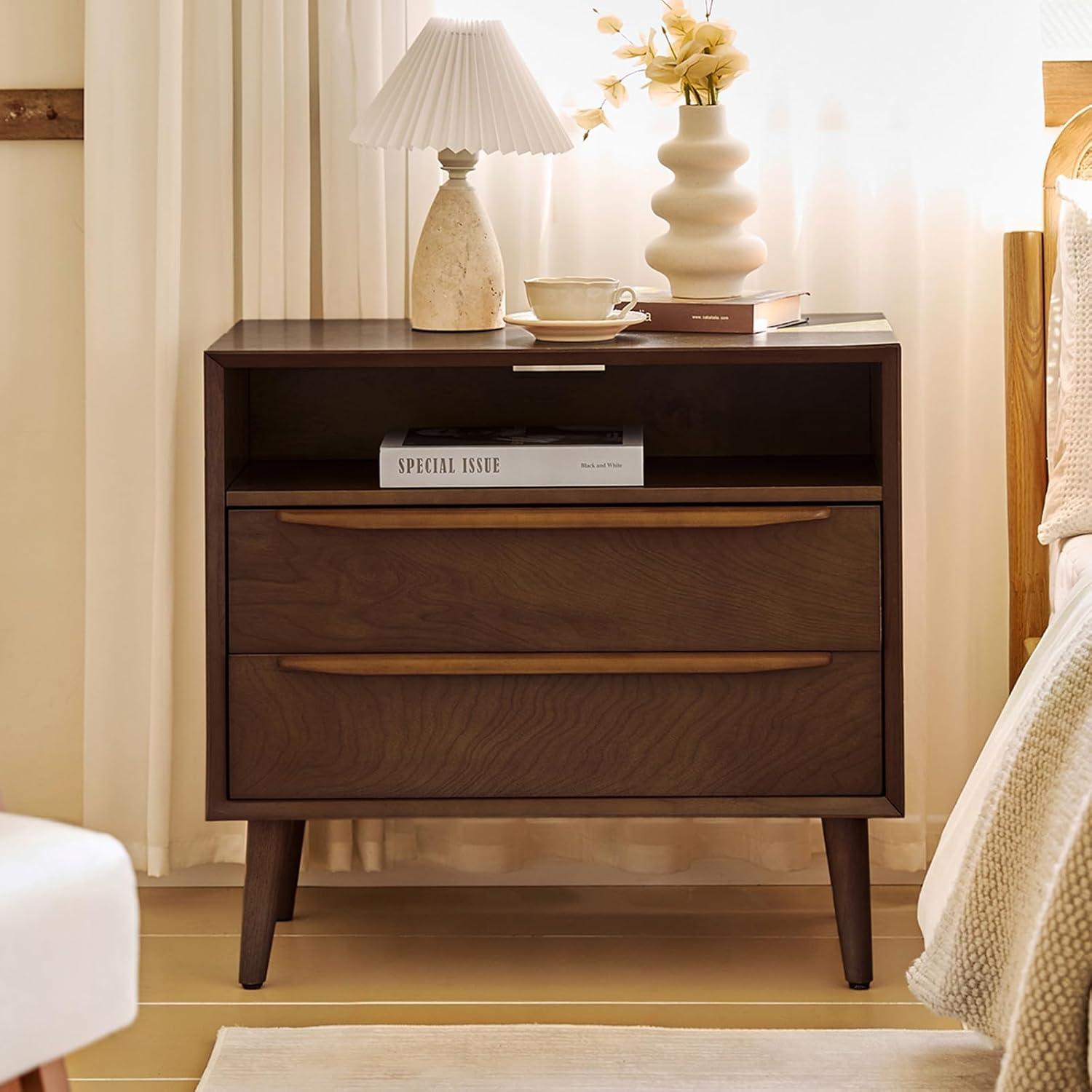 Margery Mid-century Modern 2 - Drawer Nightstand with Built-In Outlets | HULALA HOME-WALNUT