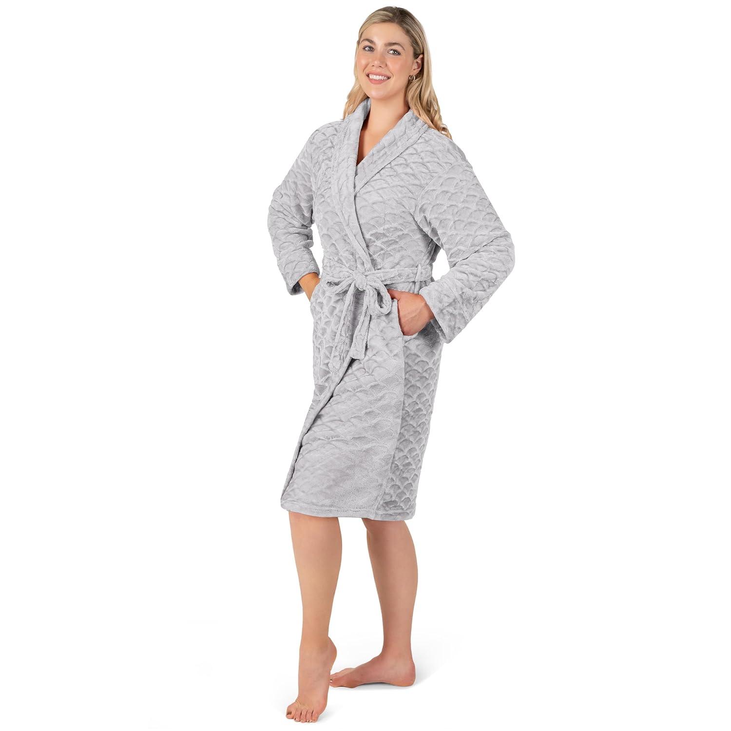 PAVILIA Short Robes for Women, Plush Soft Bathrobe Womens Lightweight, Fluffy Fuzzy Robe Knee Length, Shower Spa (Light Grey, Small-Medium)