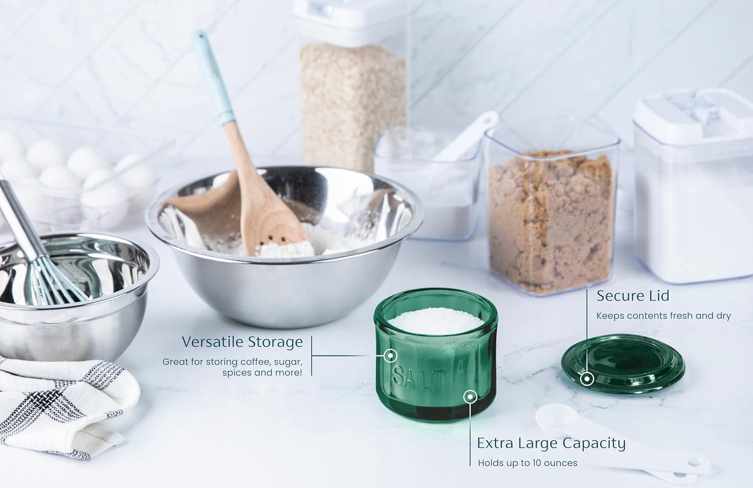 Kook Glass Salt Cellar, with Airtight Lid, 10 Oz, Emerald