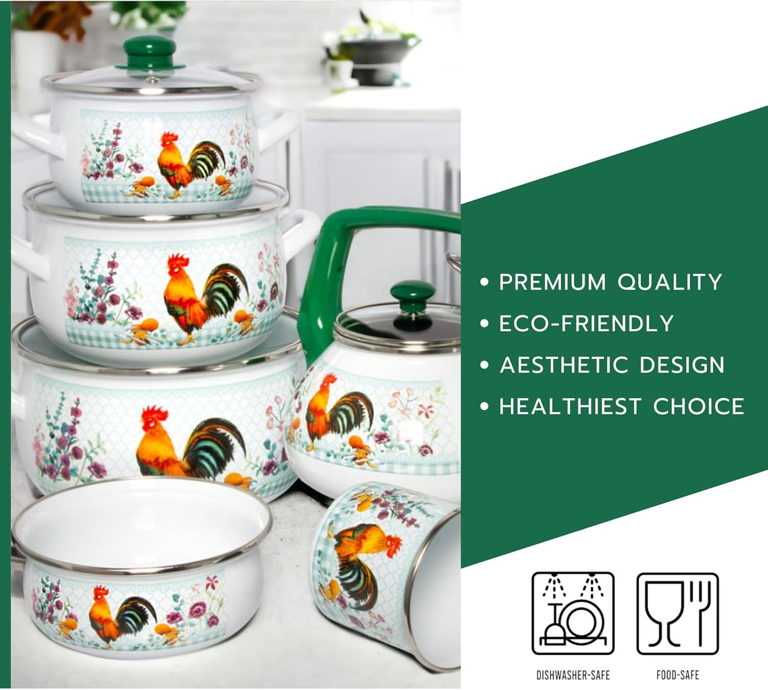 STP Goods Traditional Country Style Enamel Rooster Belly Deep Casserole With Glass Lid