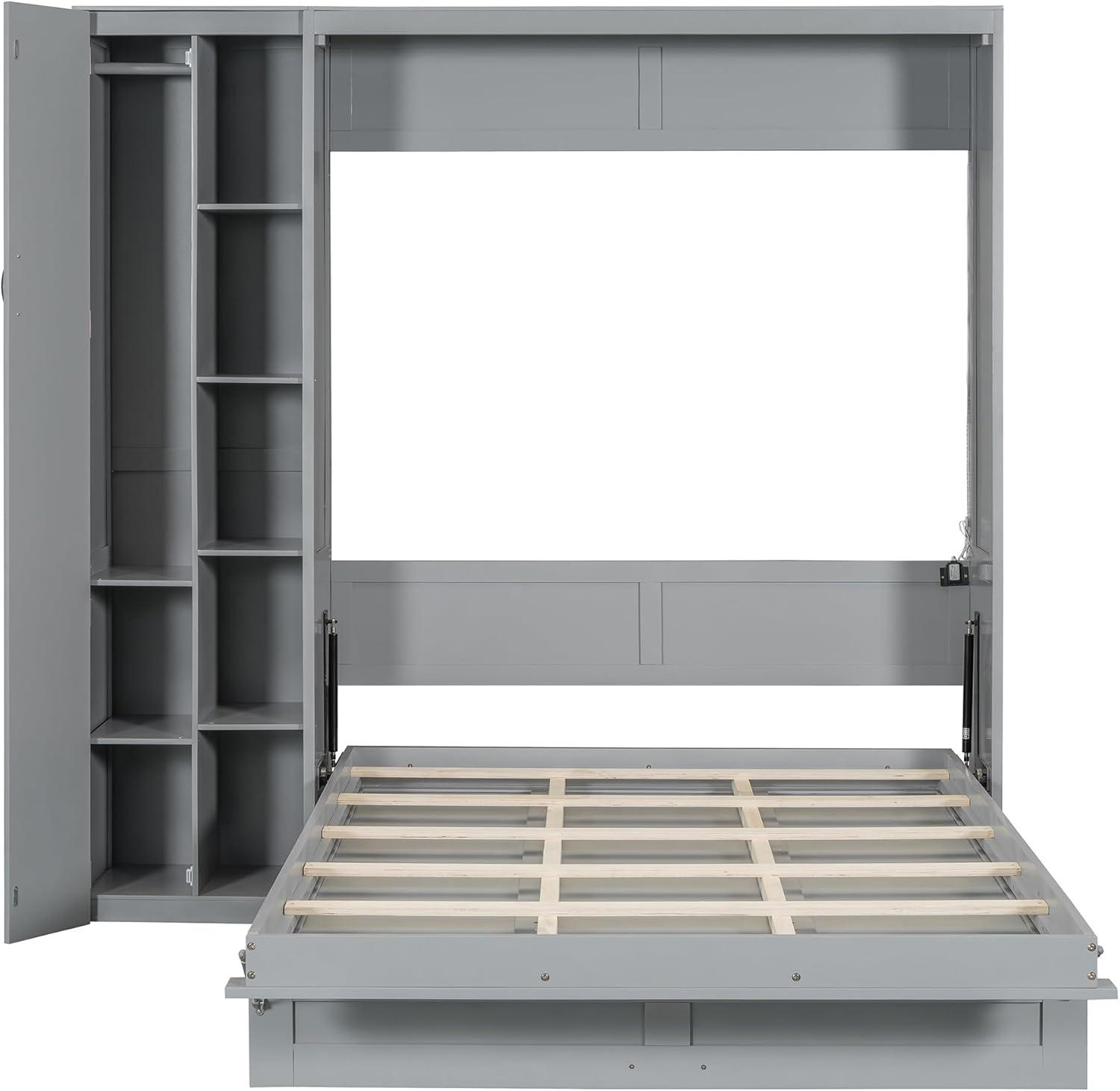 P PURLOVE Murphy Bed Full, Wood Wall Bed with Shelves, Wardrobe and LED Lights, No Box Spring Needed (Gray)