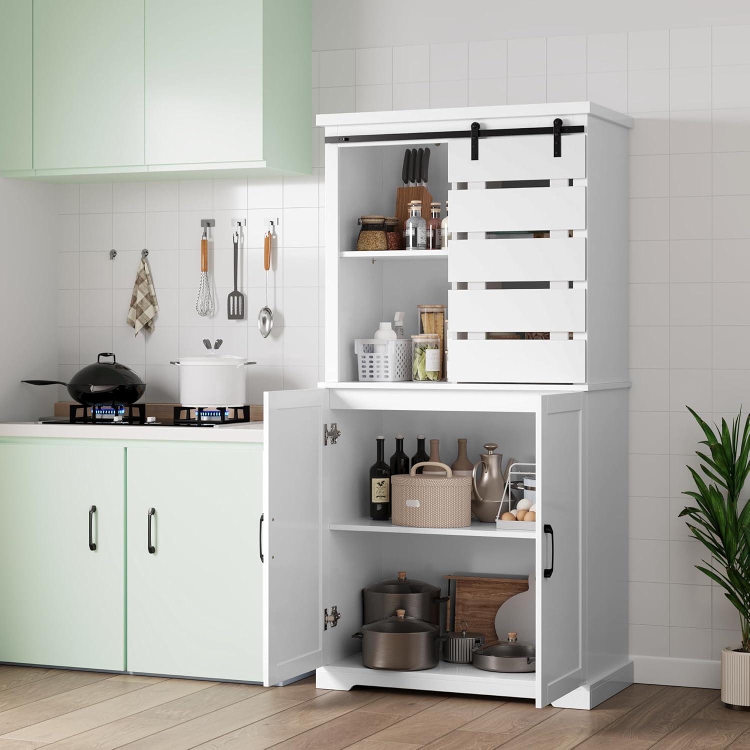 Tall Kitchen Pantry, Large Wood Storage Cabinet with Sliding Barn Door and Adjustable Shelves, Tall Freestanding Cupboard for Dining Room, Living Room, Laundry, White