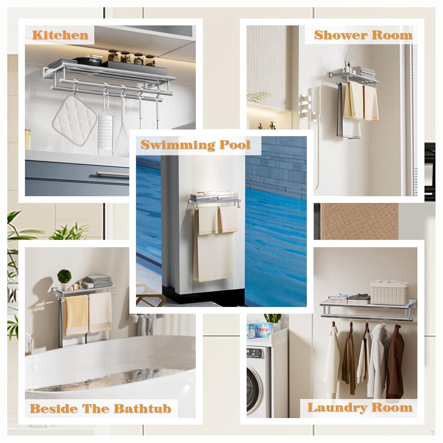 2-Tier 20" Wall Mounted Stainless Steel Bathroom Towel Rack With 2 Towel Bars Round Rods