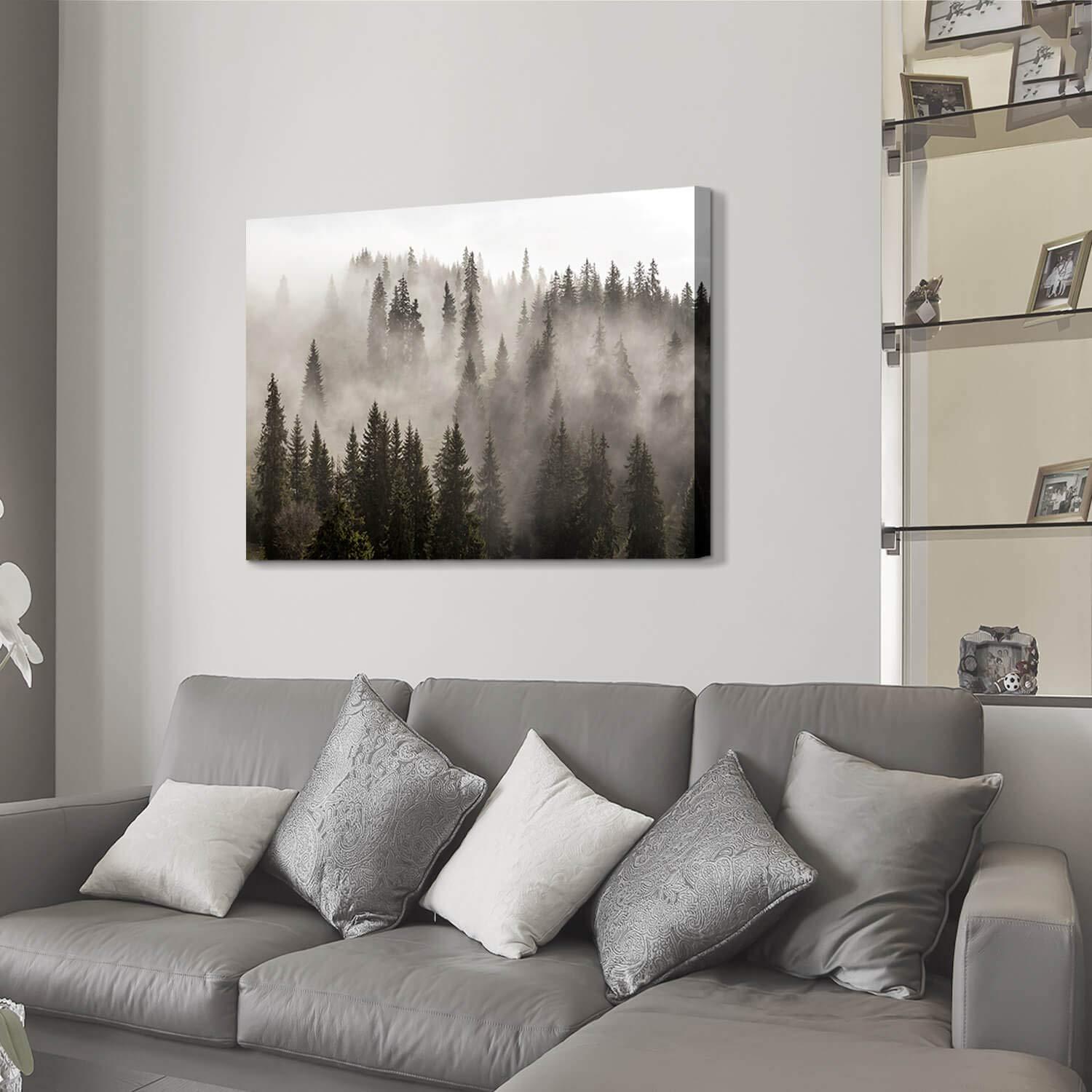 Foggy Forest Picture Wall Art: Landscape Artwork Photographic Print on Canvas for Office (45" W x 30" H,Multi-Sized)