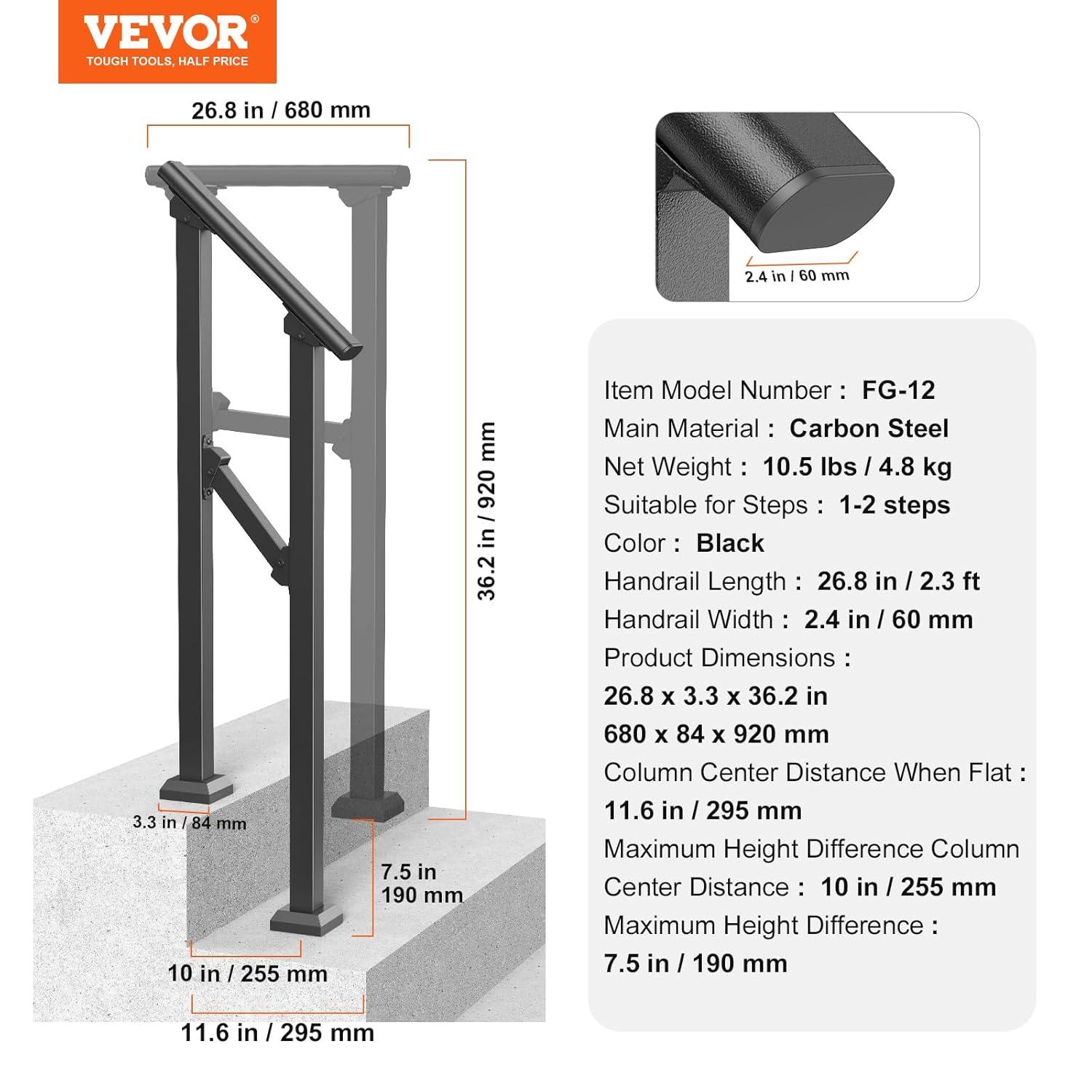 VEVOR 4-5 Handrails for Outdoor for Seniors Porch Deck Black Square Tube Steel