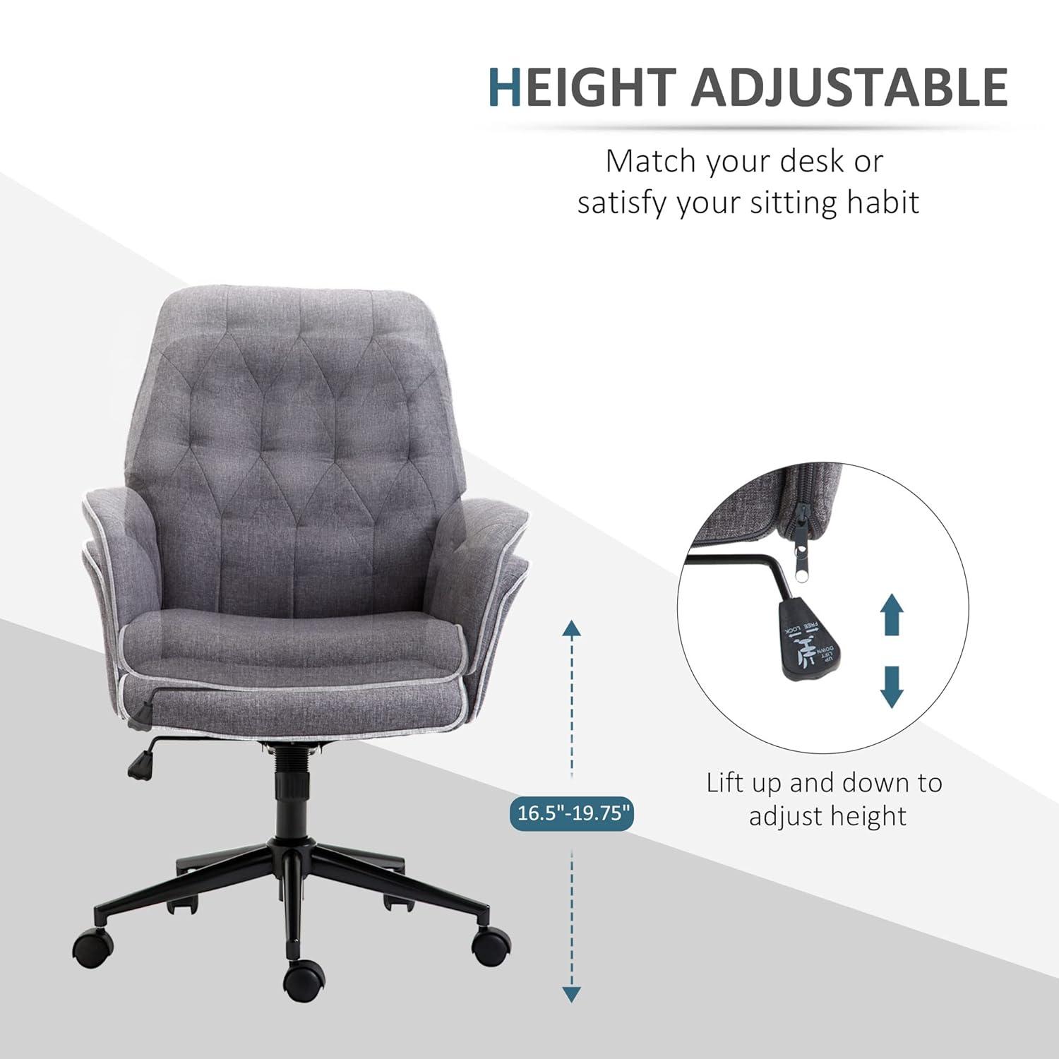 Vinsetto Modern Mid-Back Tufted Linen Home Office Desk Chair with Arms, Swivel Adjustable Task Chair, Upholstery Accent Chair with Soft Seat, Gray