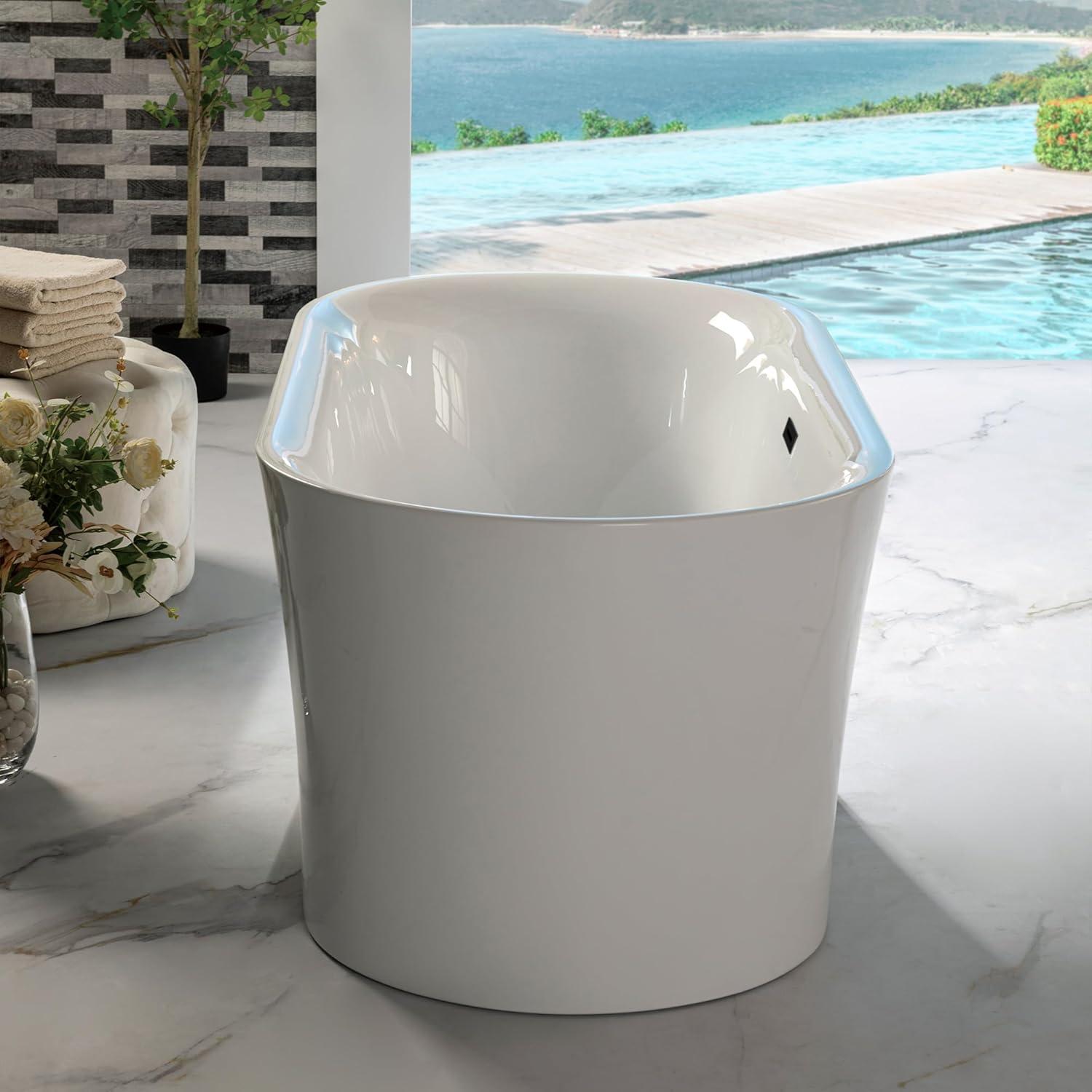 59" White Acrylic Freestanding Oval Bathtub with Matte Black Overflow