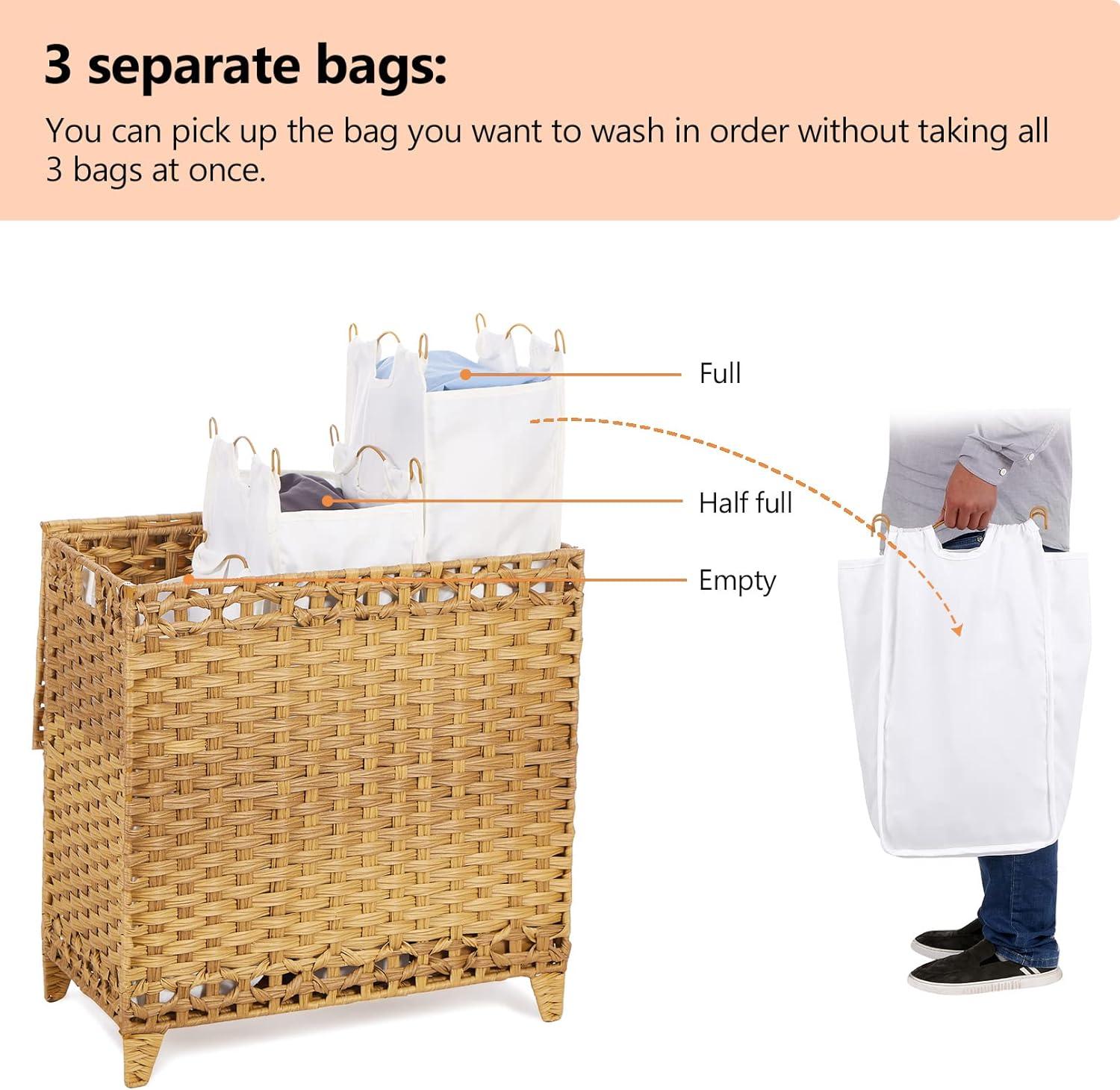 Natural Wicker Laundry Hamper with Lid and Liner Bags