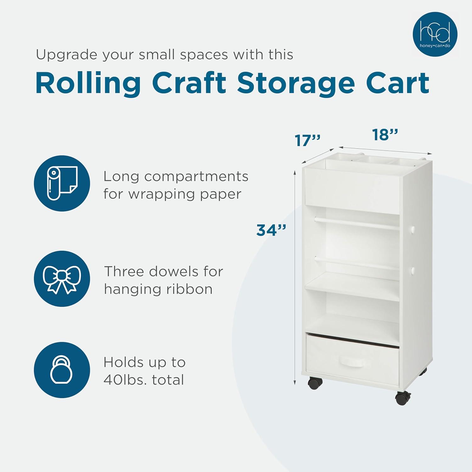 Honey-Can-Do 5-Tier Craft or Gift Wrap Storage Cart with Fabric Drawer, Dowel Rods, and Compartments, White