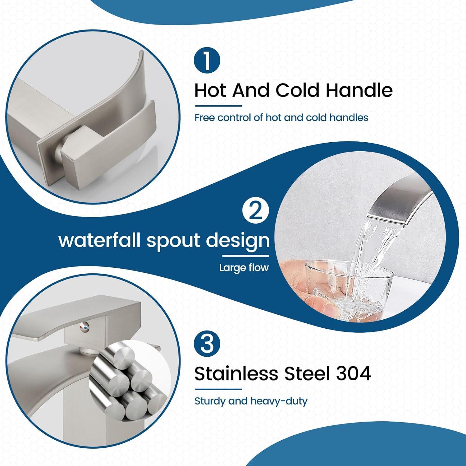 Waterfall Single Handle Bathroom Vanity Sink Faucet with Metal Pop-up Drain, Brushed Nickel Finish