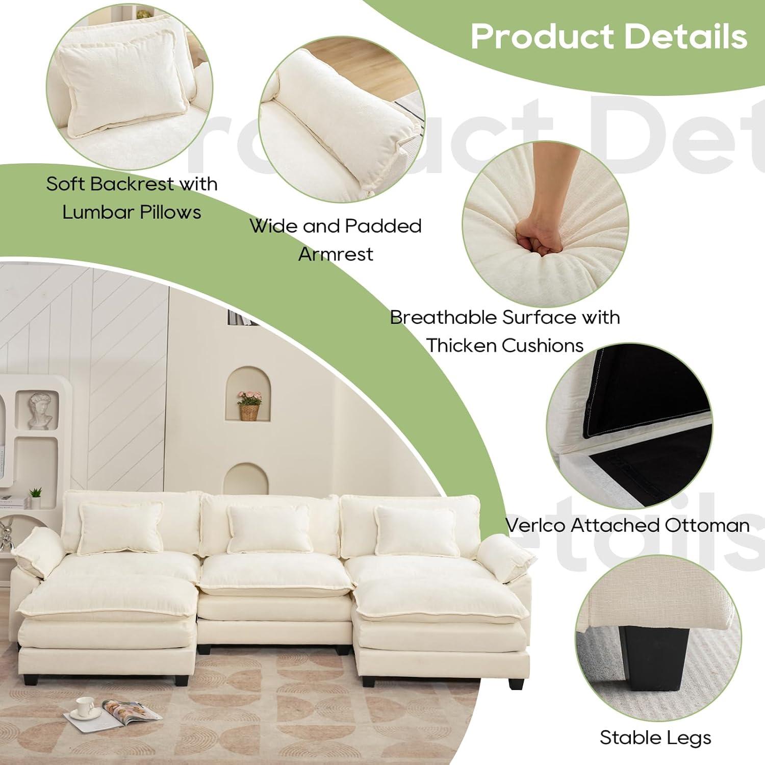 Carbaugh 154" Oversized U Shaped Sectional Sofa, Comfy Cloud Couch Deep Sectional Sofa with Ottomans for Living Room