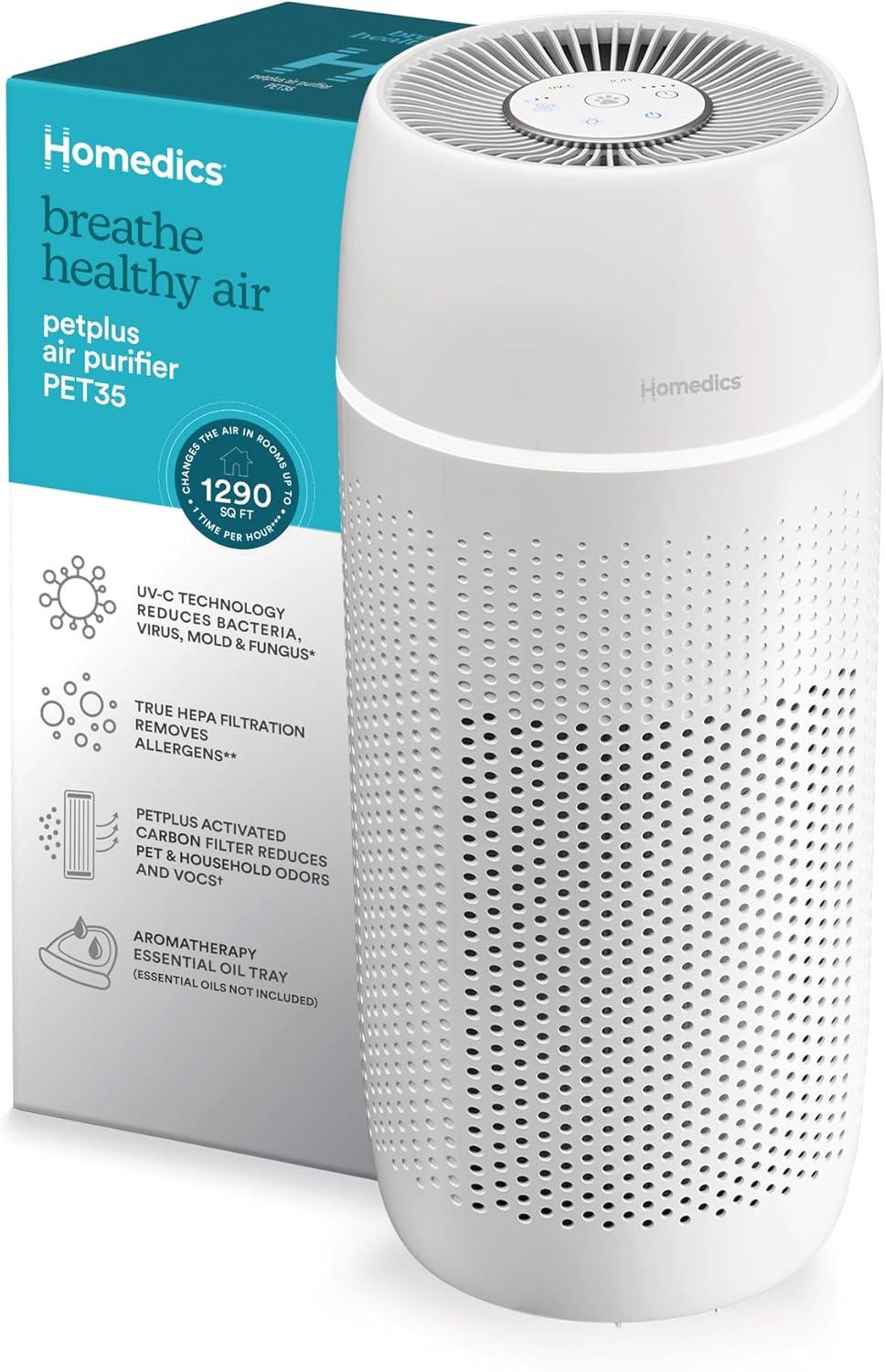 HoMedics PetPlus Large Room Air Purifier with UV-C Technology: Electric, 3 Settings, CARB Certified, 100-300 sq. ft.