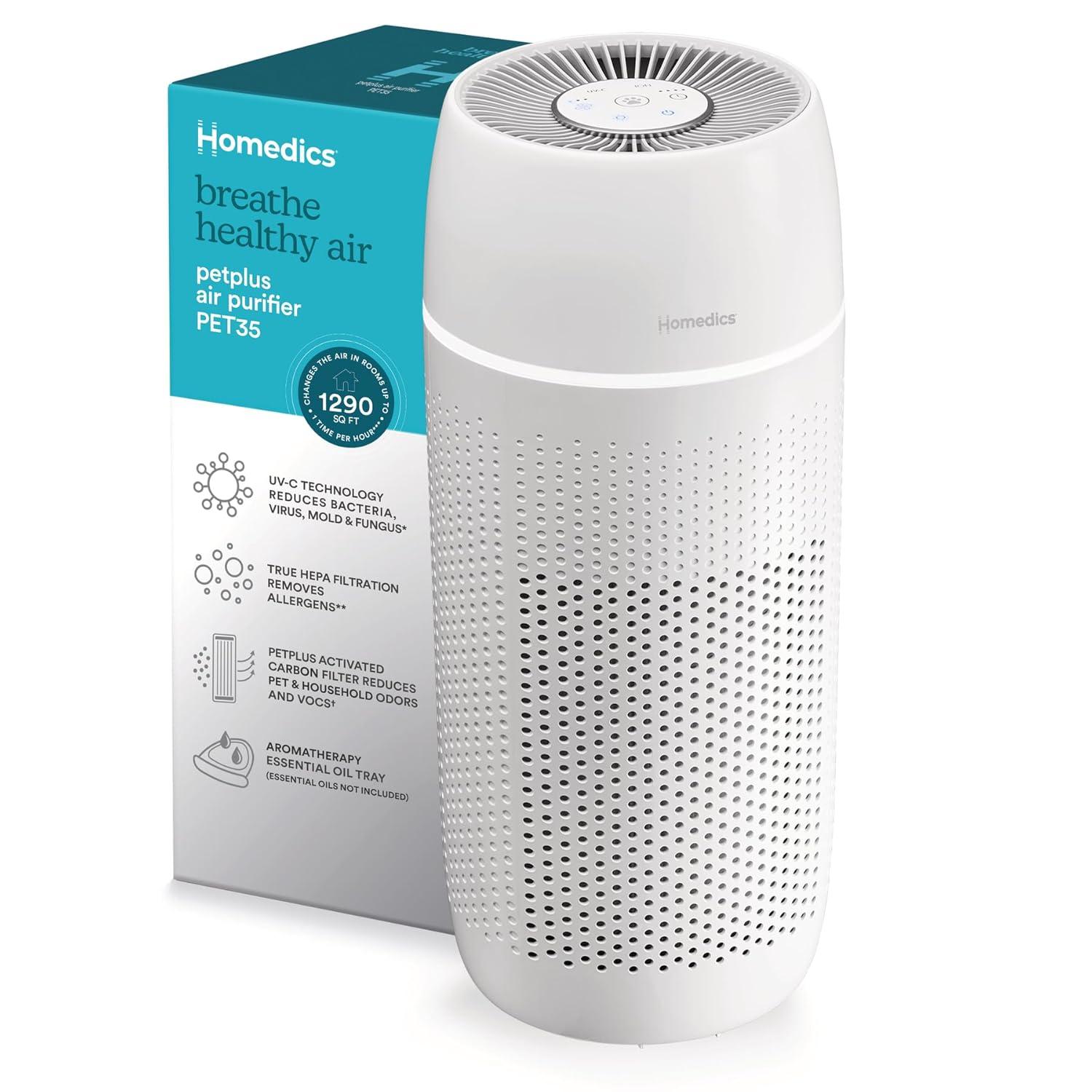 HoMedics PetPlus Large Room Air Purifier with UV-C Technology: Electric, 3 Settings, CARB Certified, 100-300 sq. ft.