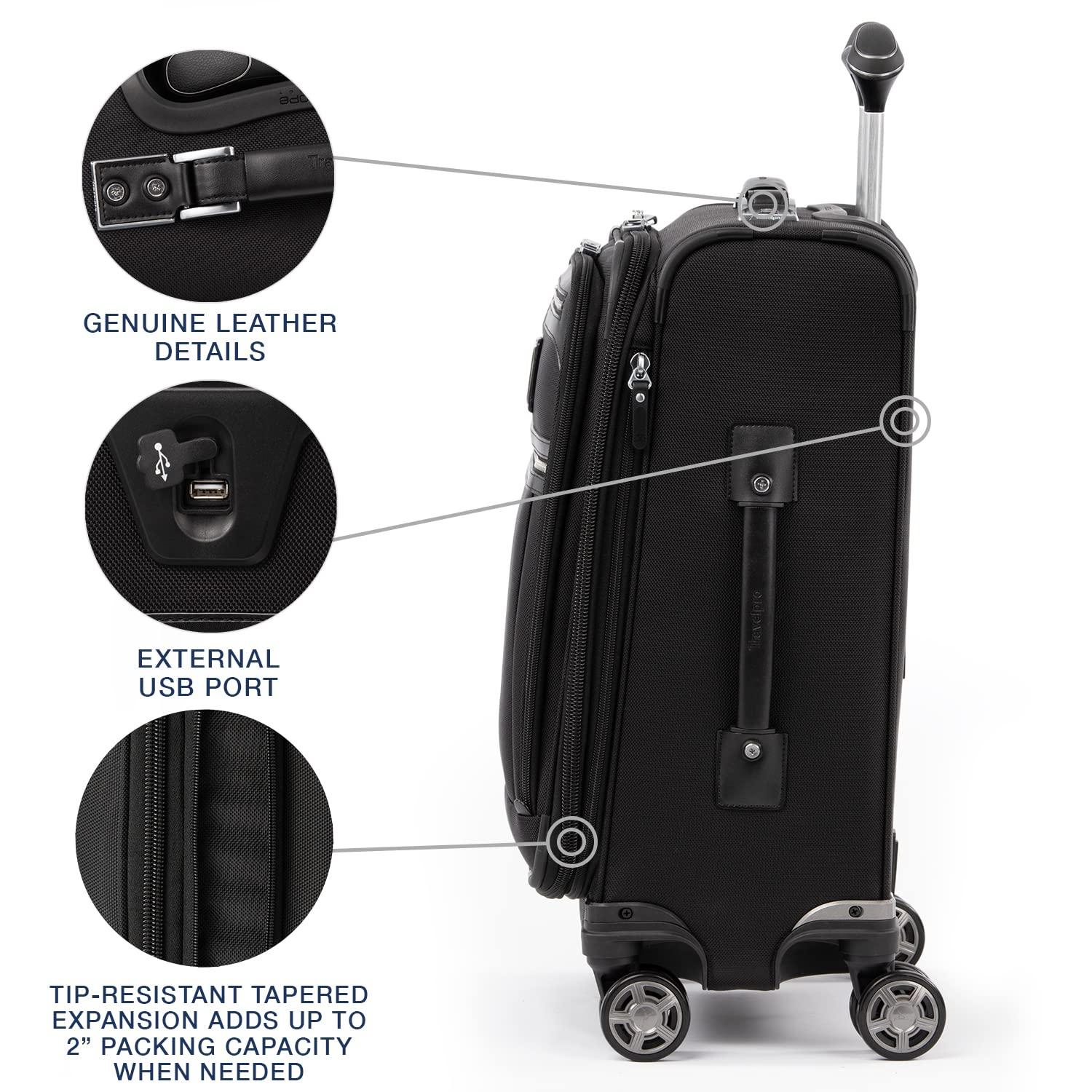 Travelpro Platinum Elite Softside Expandable Carry on Luggage, 8 Wheel Spinner Suitcase, USB Port, Laptop and Tablet Sleeves, Men and Women, Shadow Black, Carry On 20-Inch