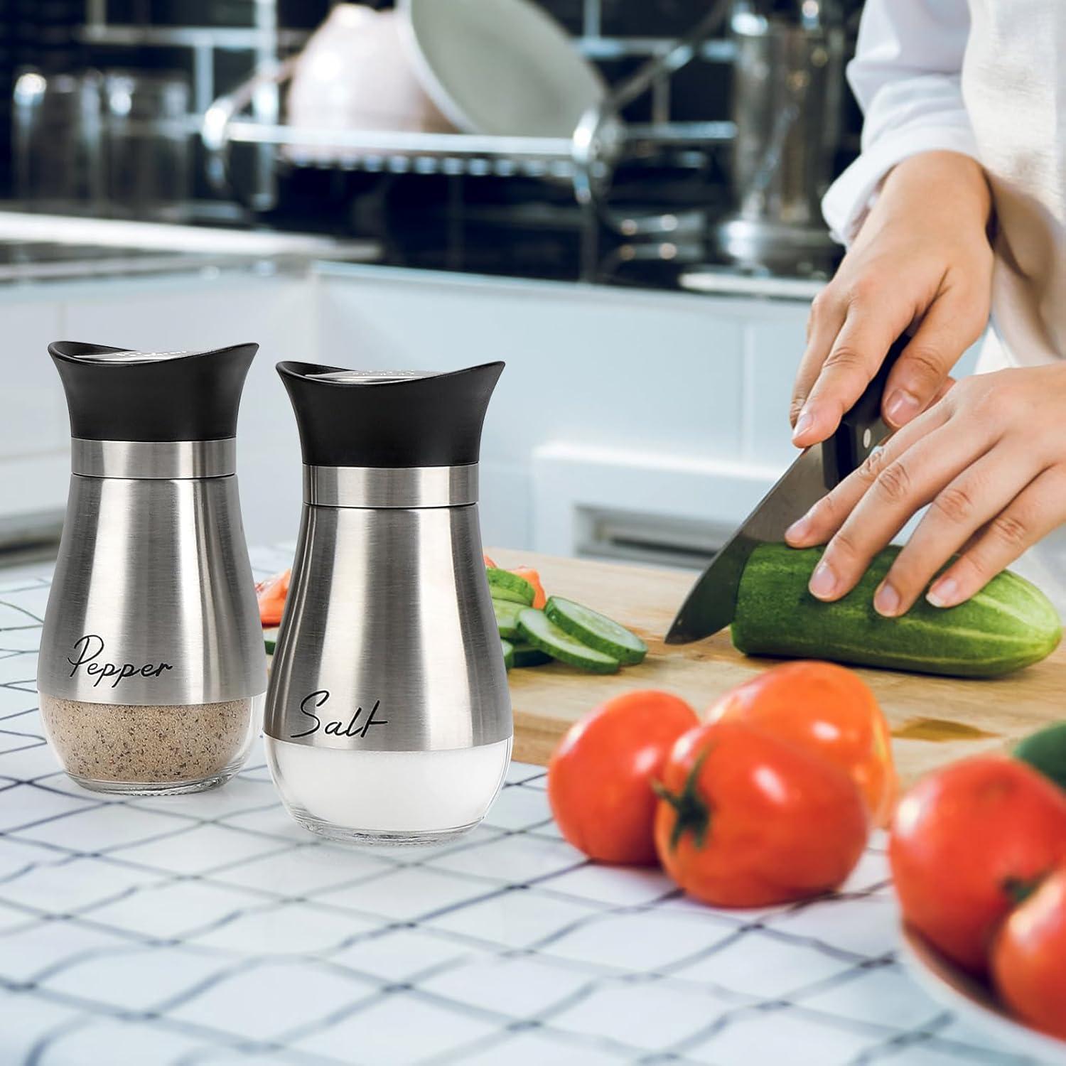 Juvale Stainless Steel Salt and Pepper Shakers Set with Glass Bottom, Perforated "S" and "P" Caps - Modern Kitchen Decor (4oz)