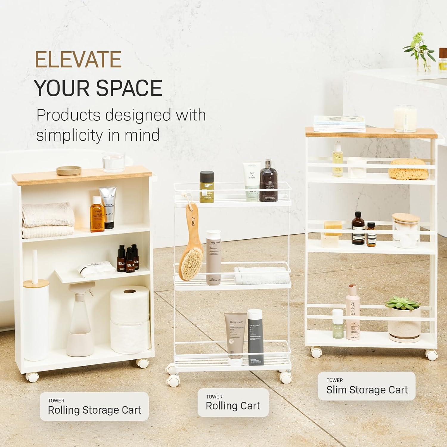 Yamazaki Tower White Rolling Slim Storage Cart With Handle