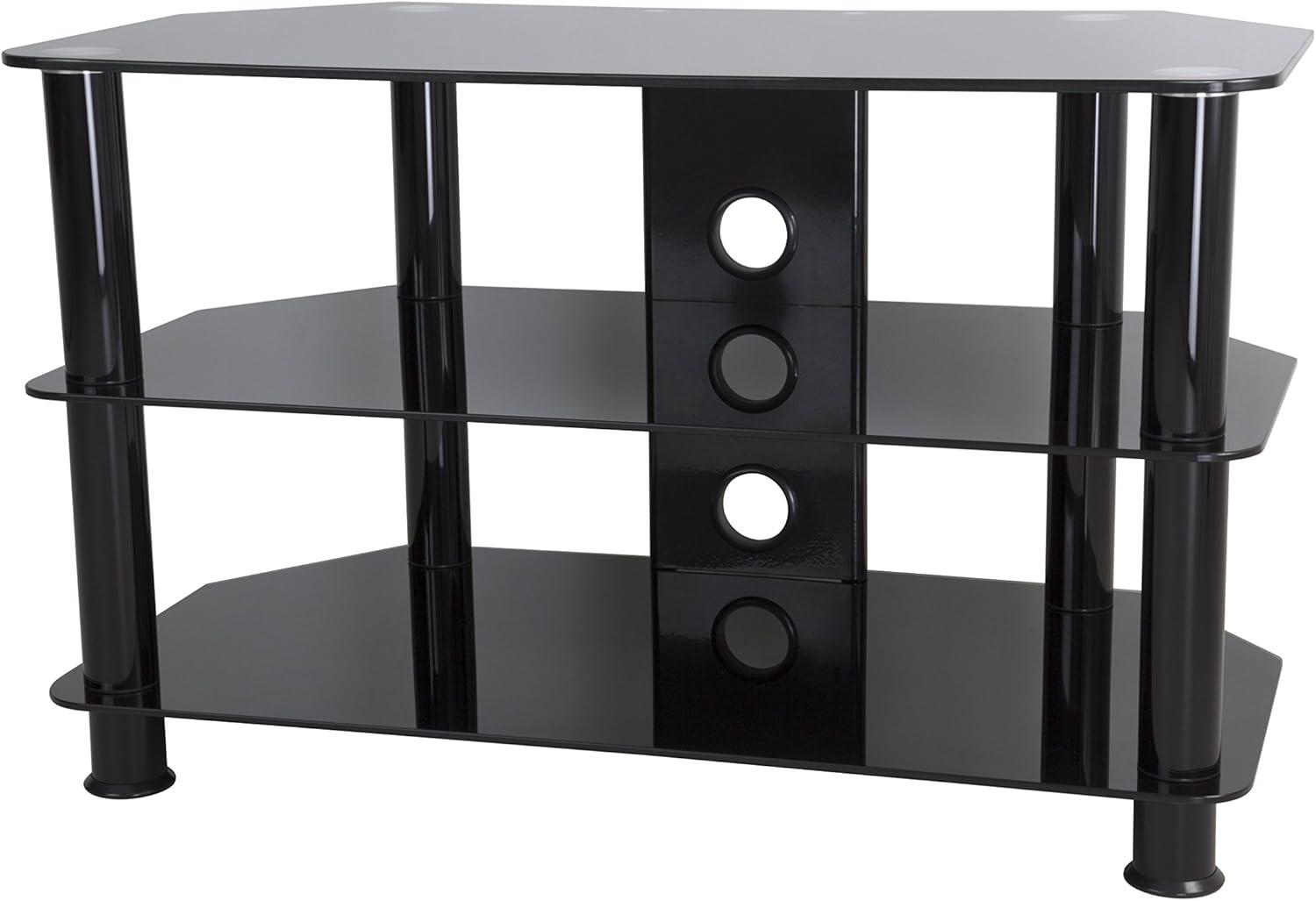 Sleek Black Stainless Steel and Tempered Glass Corner TV Stand