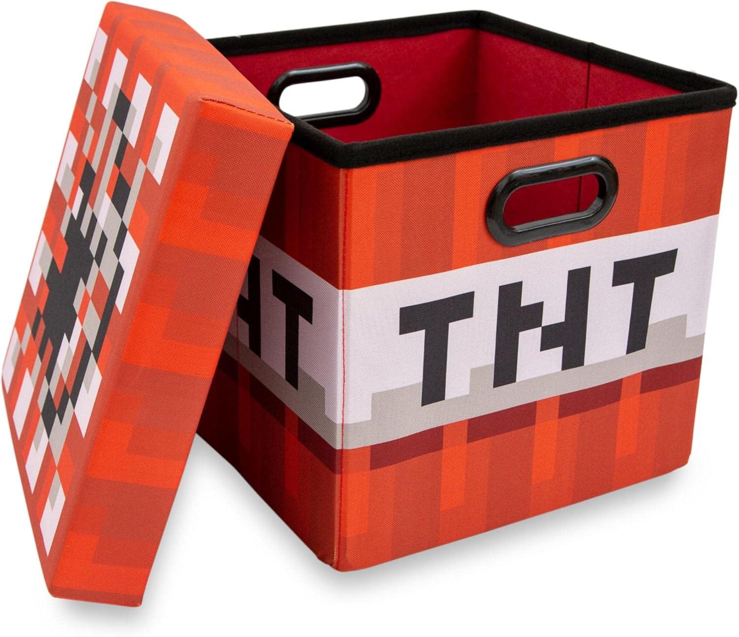 Ukonic Minecraft TNT Block Fabric Storage Bin Cube Organizer with Lid | 13 Inches