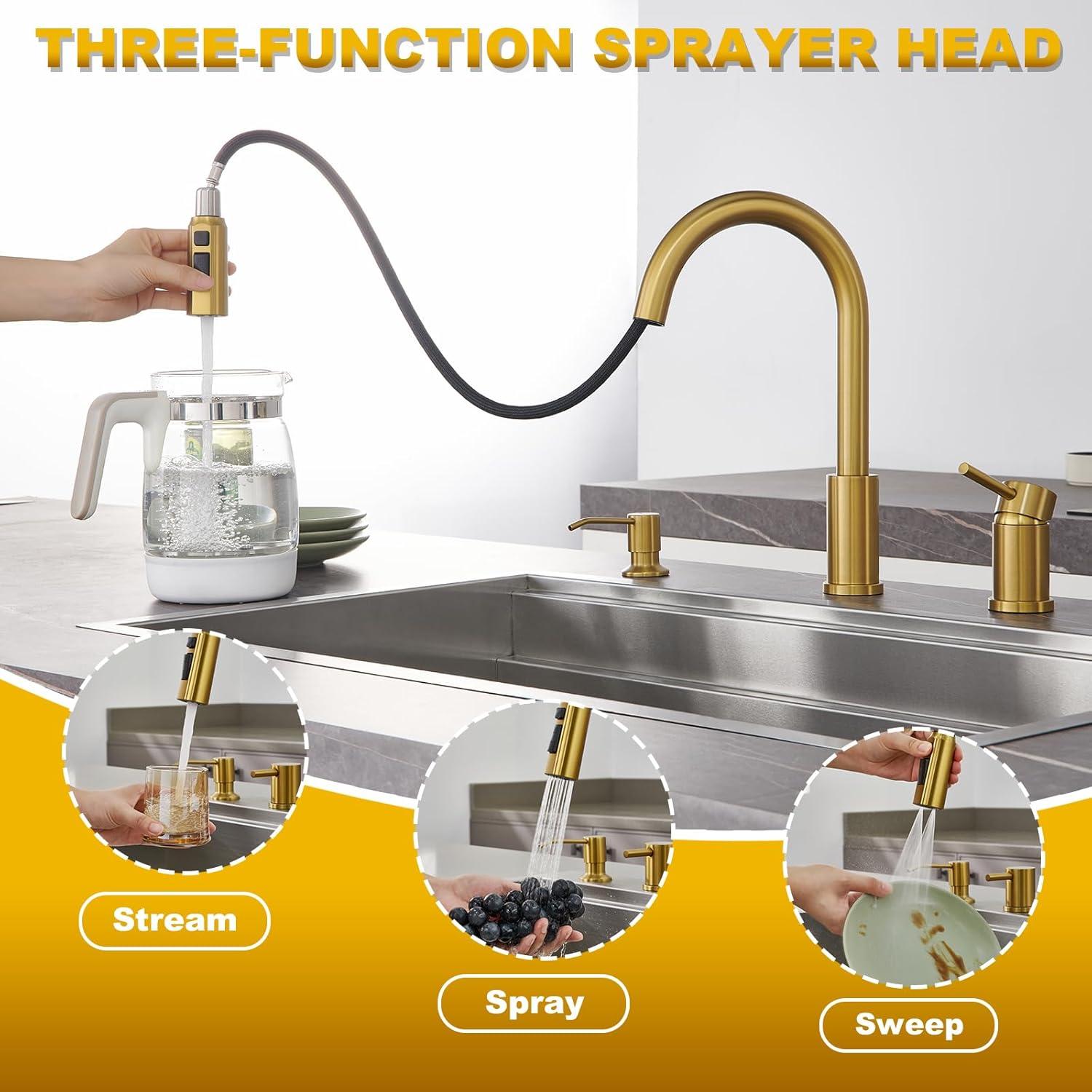 Kitchen Faucet Single Handle Stainless Steel Kitchen Sink Faucet with Pull Out Sprayer Brushed Gold Sprayer and Handle