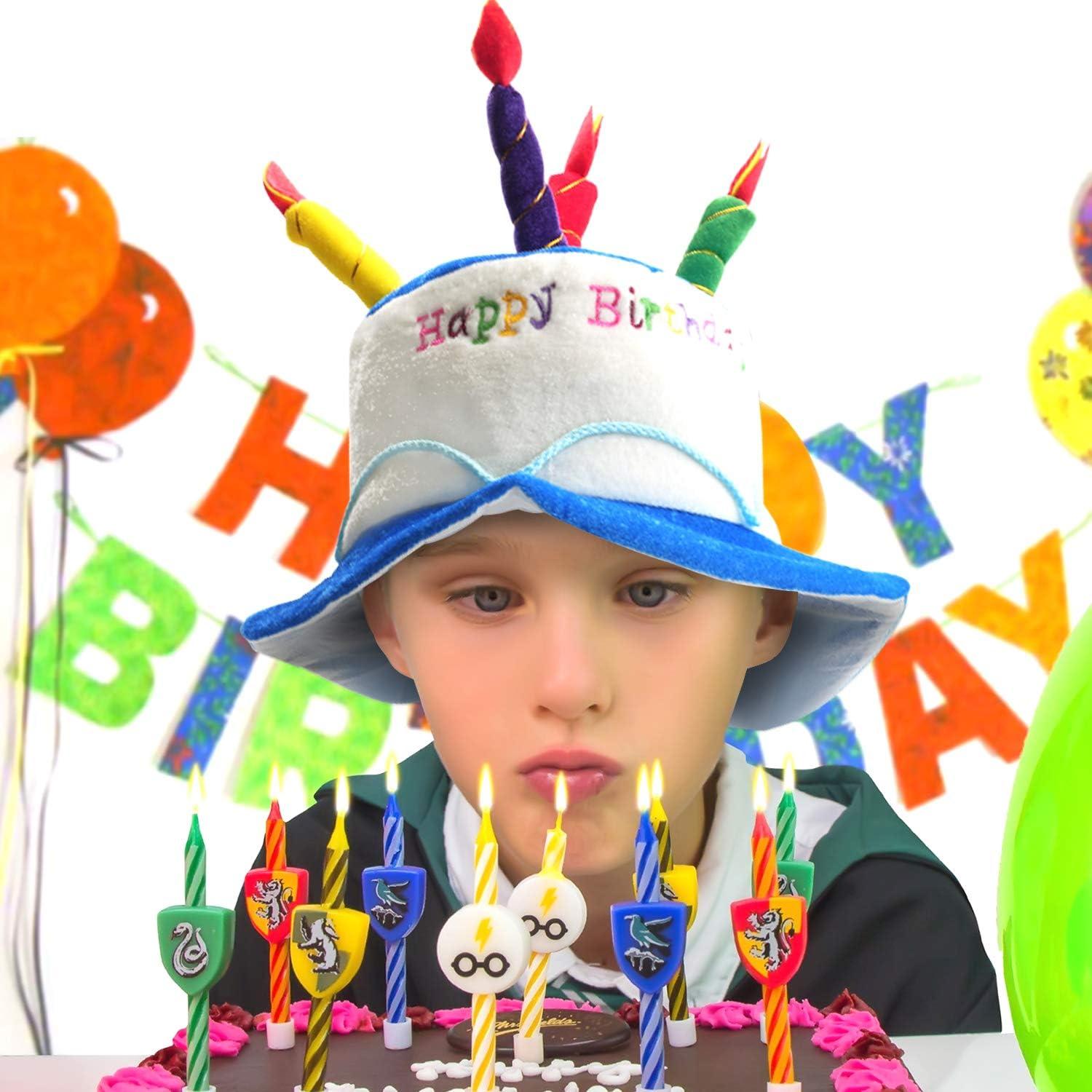 Novelty Place Plush Happy Birthday Cake Hat - Unisex Adult Size Fancy Dress Party Hats - Perfect as Party Favors, Costume Accessories - Cake & 5 Multicolor Candles