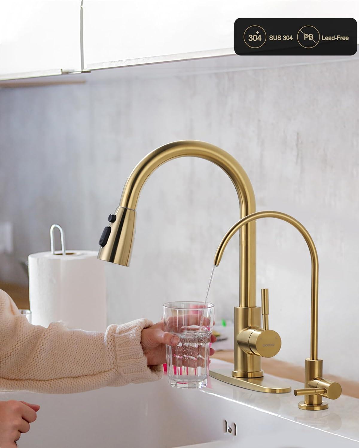FashionSecretsLLC Kitchen Faucet and Water Filter Faucet Combo, WOWOW Stainless Steel Kitchen Sink Faucet with Drinking Water Faucet for Reverse Osmosis or Water Filtration System, Brushed Gold Sinkfaucet-BG-025