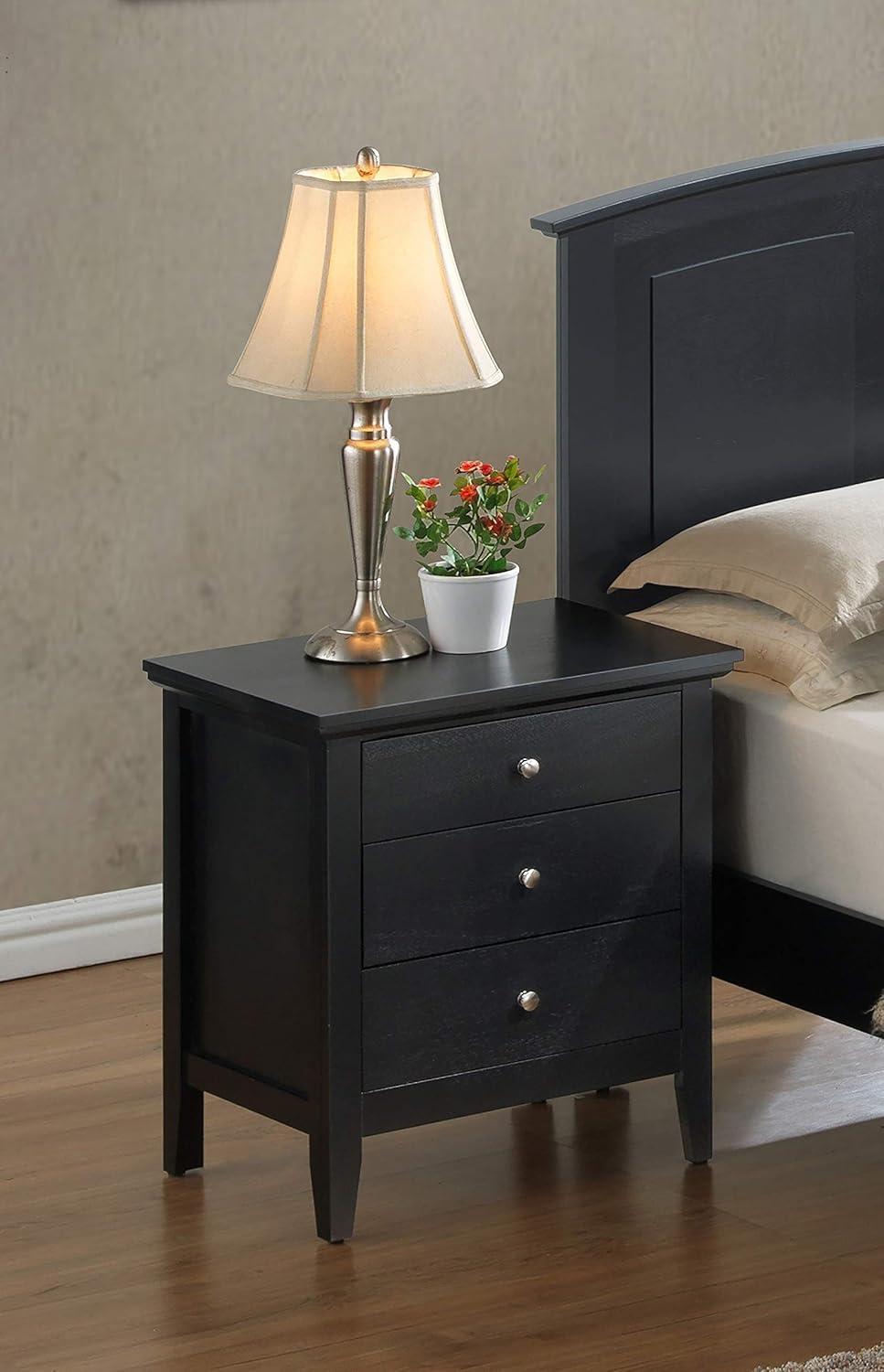 Transitional Nickel-Handled 3-Drawer Nightstand in Black