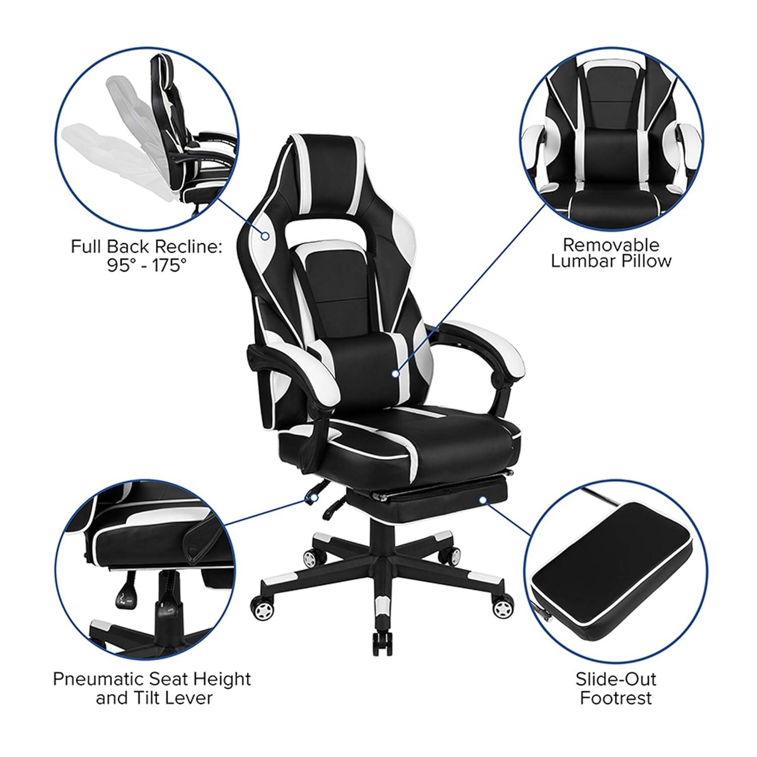 Flash Furniture X40 Gaming Chair Racing Ergonomic Computer Chair with Fully Reclining Back/Arms, Slide-Out Footrest, Massaging Lumbar - White