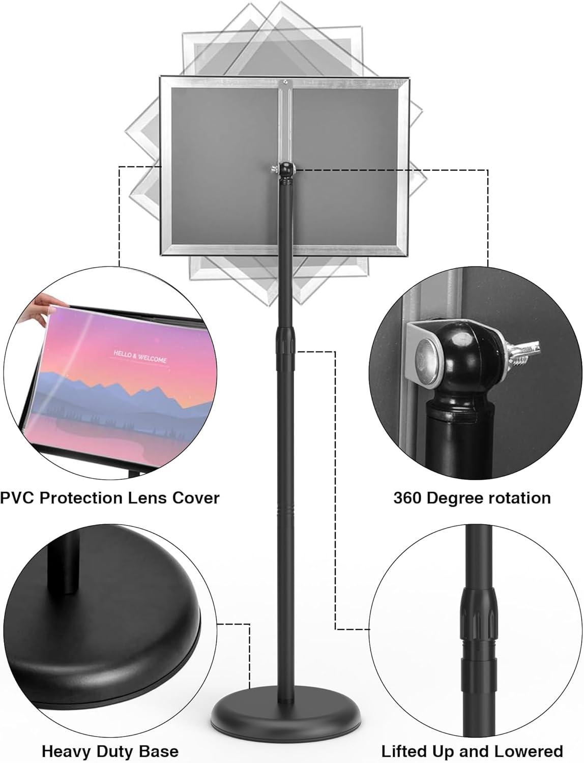 Adjustable Sign Holder Stand 8.5x11 inch,Pedestal Floor Signage Standing Holder with Heavy Duty Base, Aluminum Snap Open Frame Display for Business Restaurant, Mall,Schools-1 Pack
