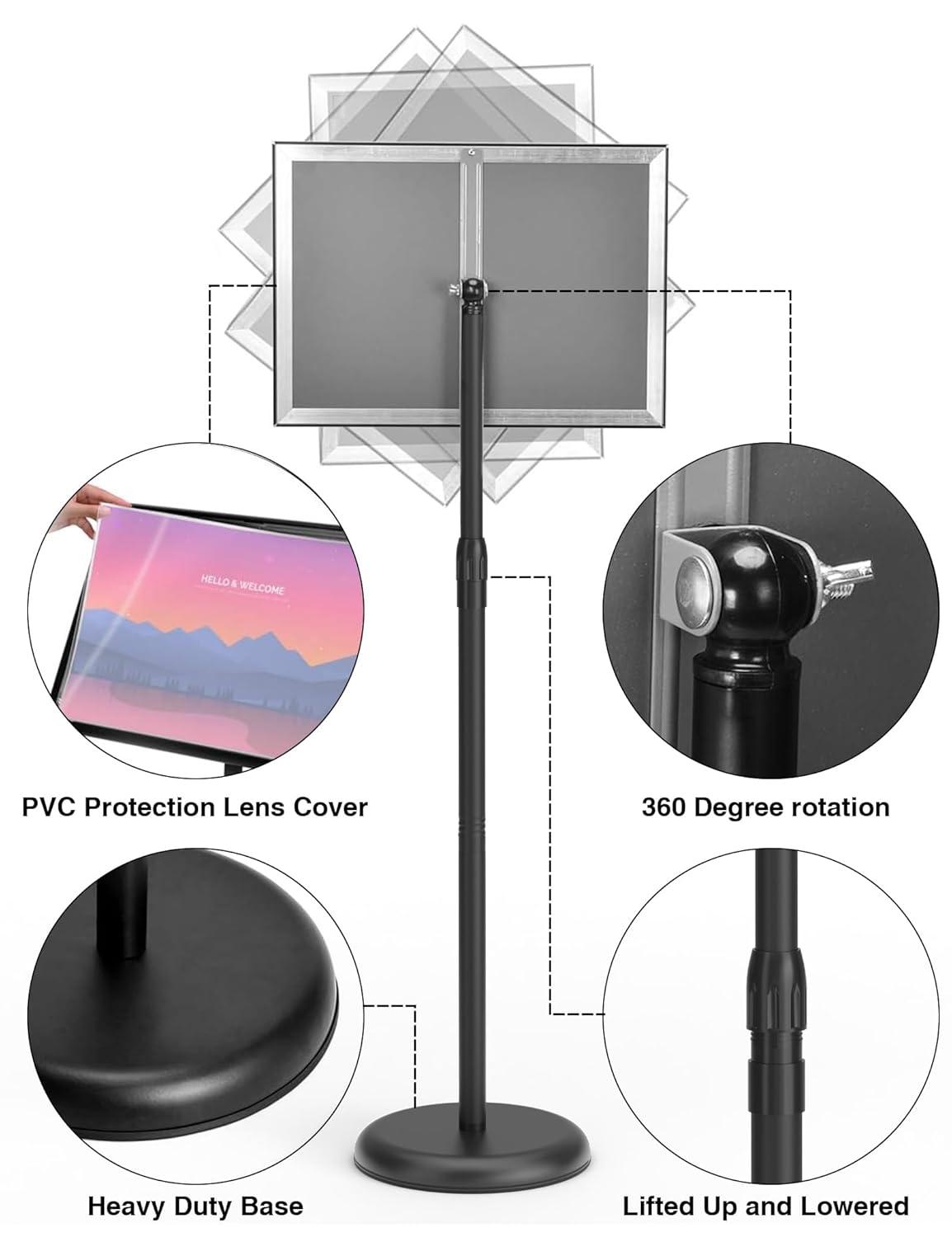 Adjustable Sign Holder Stand 8.5x11 inch,Pedestal Floor Signage Standing Holder with Heavy Duty Base, Aluminum Snap Open Frame Display for Business Restaurant, Mall,Schools-1 Pack