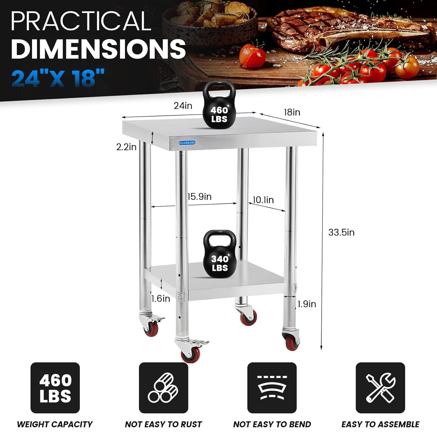 24x18 Inch Stainless Steel Movable Prep Table with Undershelf