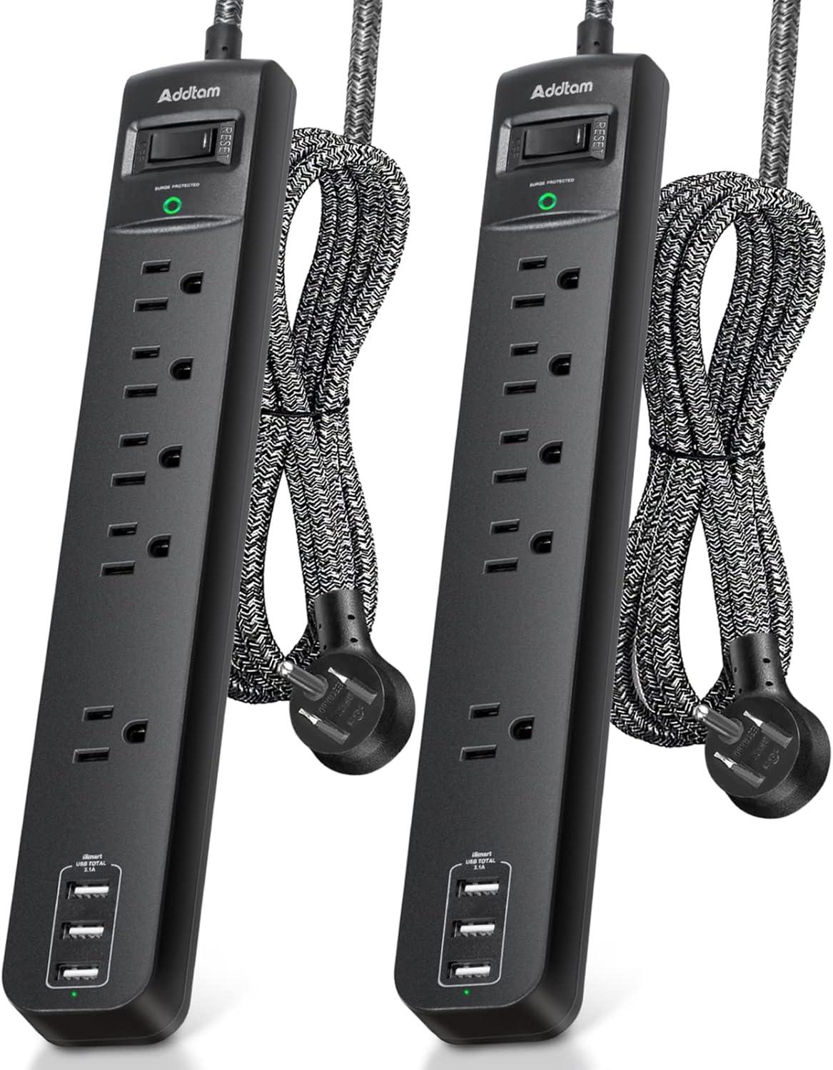 Black 6-Foot 5-Outlet Power Strip with USB Ports, 2-Pack