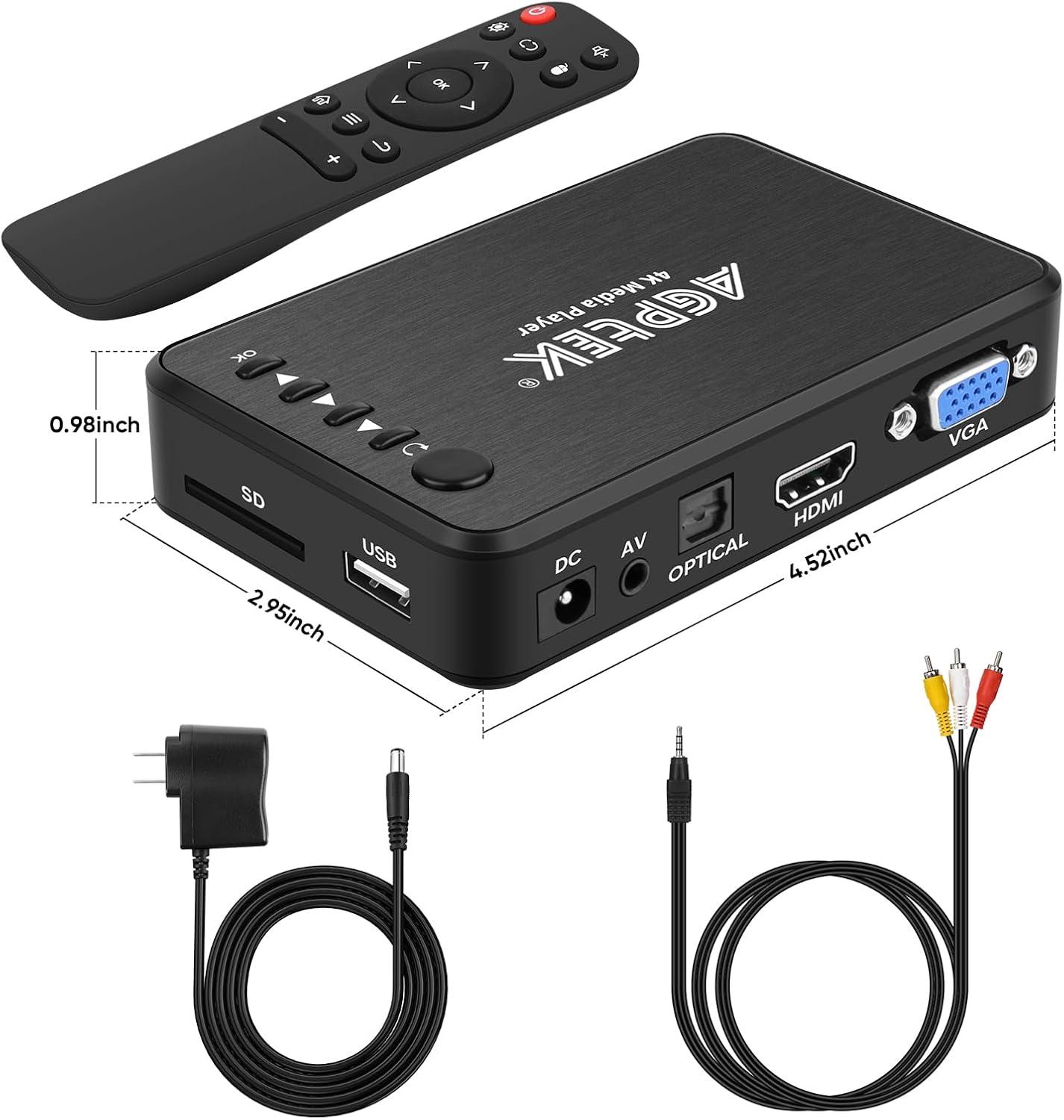 AGPTEK Updated 4K@30hz HDMI TV Media Player with HDMI/AV/VGA Output, Digital MP4 Player for 14TB HDD/ 256G USB Drive/SD Card/H.265 MP4, with Remote Control for MP3 AVI RMVB MPEG etc