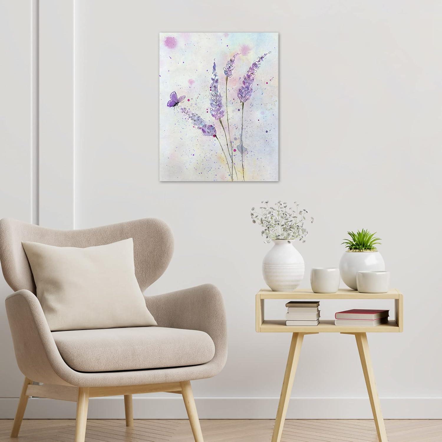 HVEST Lavender Canvas Wall Art Butterfly with Purple Flower Artwork Elegant Paintings for Living Room Bedroom Bathroom Wall Decor,Stretched and Framed Ready to Hang,12x16 inches