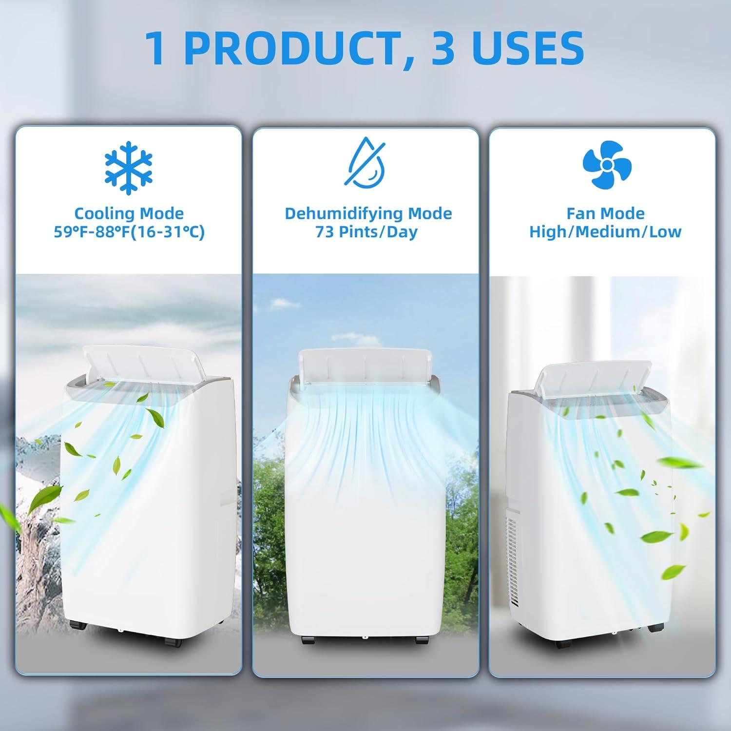 VELBAY 14,000 BTU 700 Sq Ft Portable 3-in-1 Air Conditioner with Dehumidifier, White