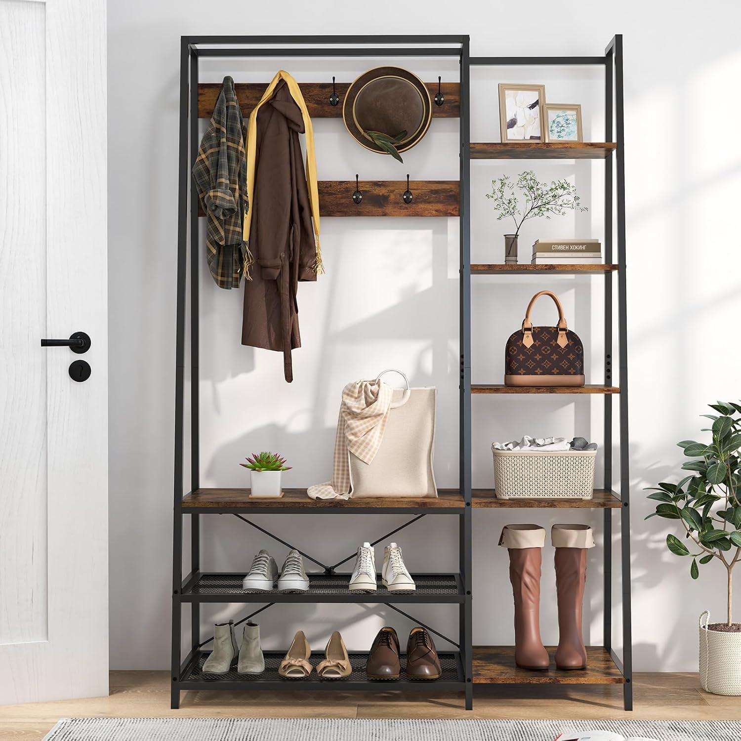 Costway 1 PC 5-In-1 Entryway Coat Rack Storage Shoe Bench Freestanding Wooden Hall Tree