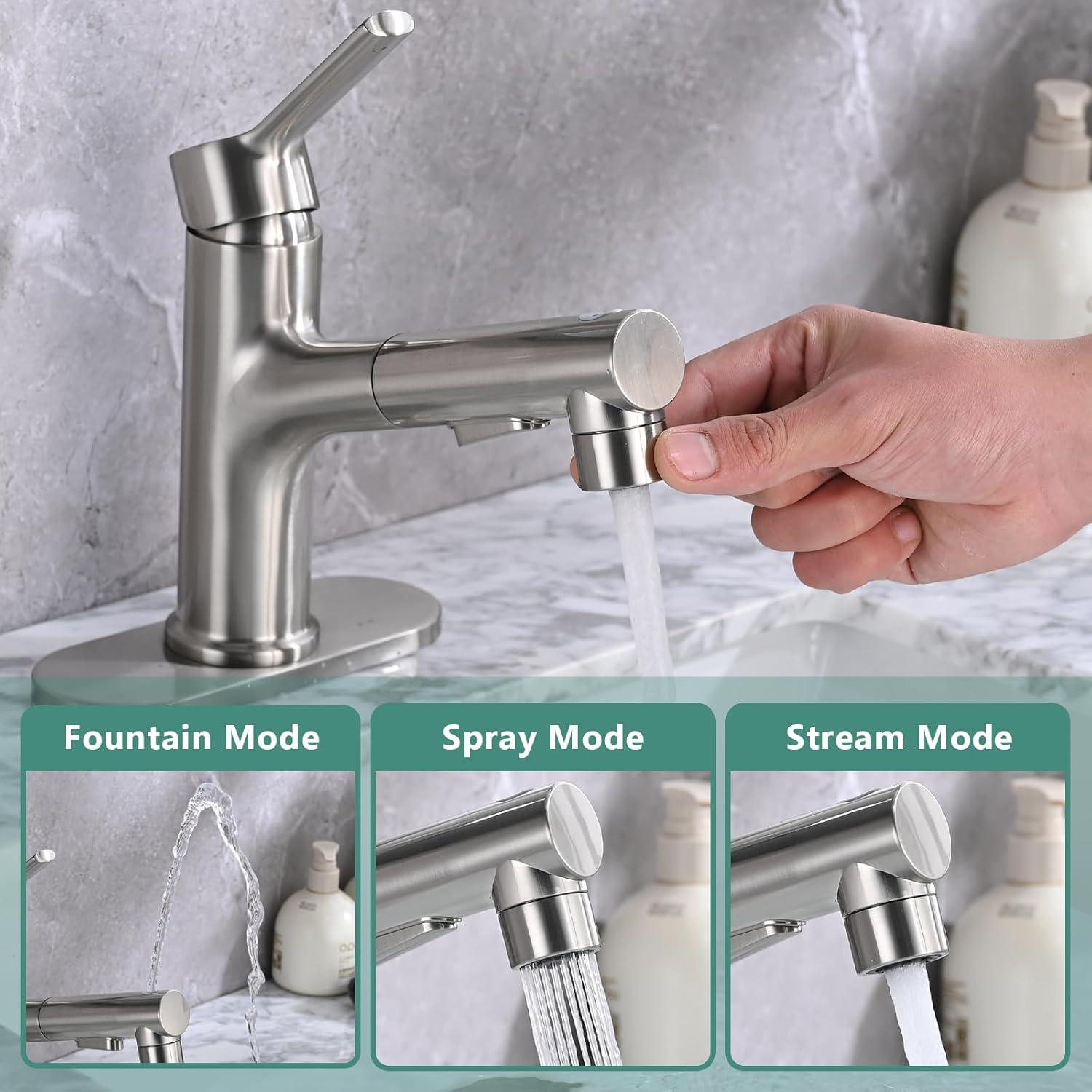 Single Handle 1 or 3-Hole Bathroom Faucet with Deckplate Included and Pull Out Sprayer in Brushed Gold