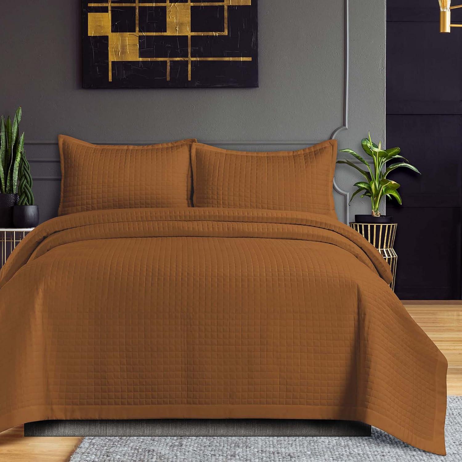 King Naples Microfiber Quilt Set Camel - Tribeca Living: 3-Piece, Box Quilting Design, Year Round Comfort