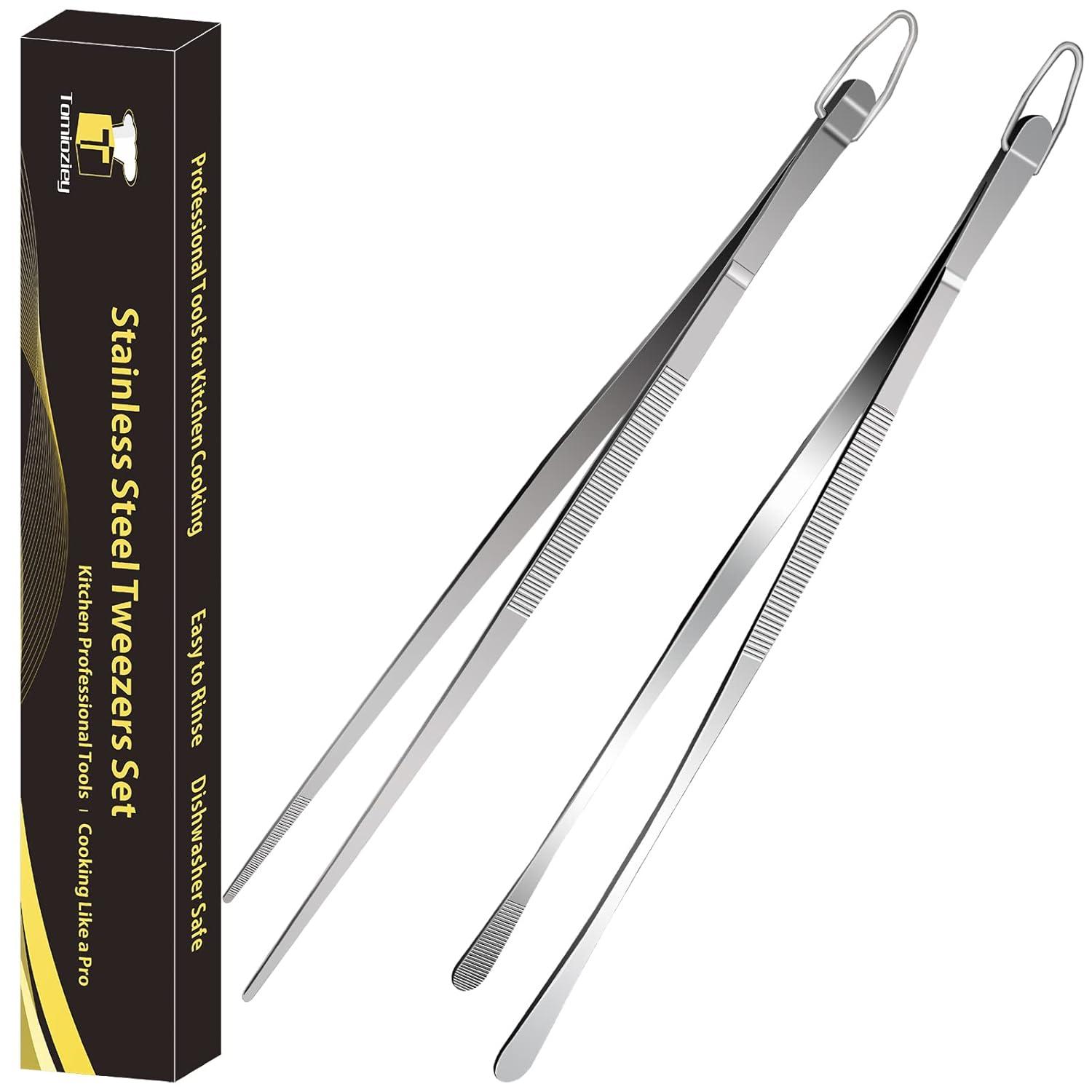 Bentne 12Inch Fine Tweezer Tongs 2pcs Extra Long Stainless Steel Tweezers Tongs for Outdoor BBQ Daily Cooking